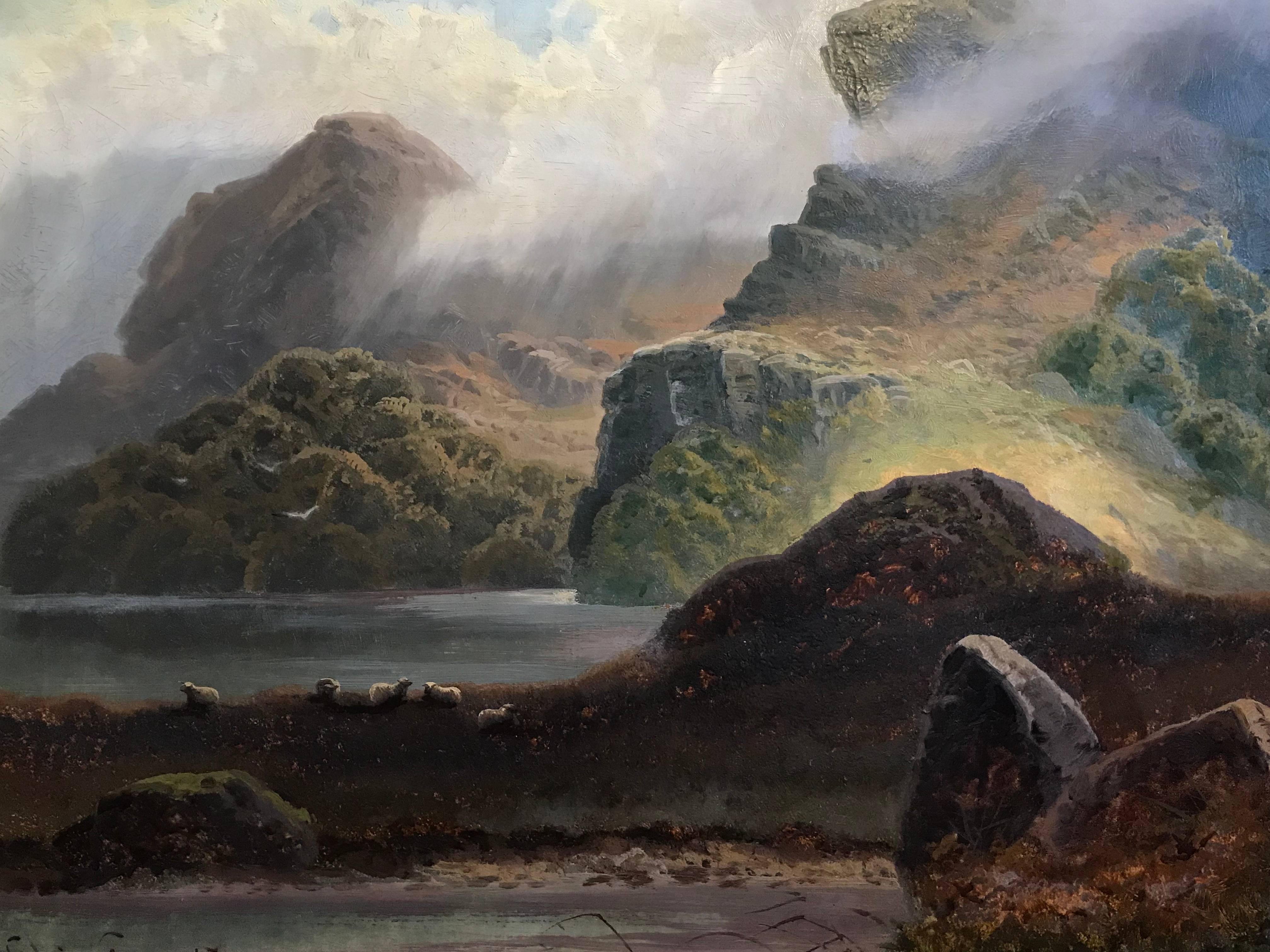 Grand paysage écossais du 19ème siècle Glen Atmospheric avec moutons broutant:: huile signée - Victorien Painting par Cedric Gray