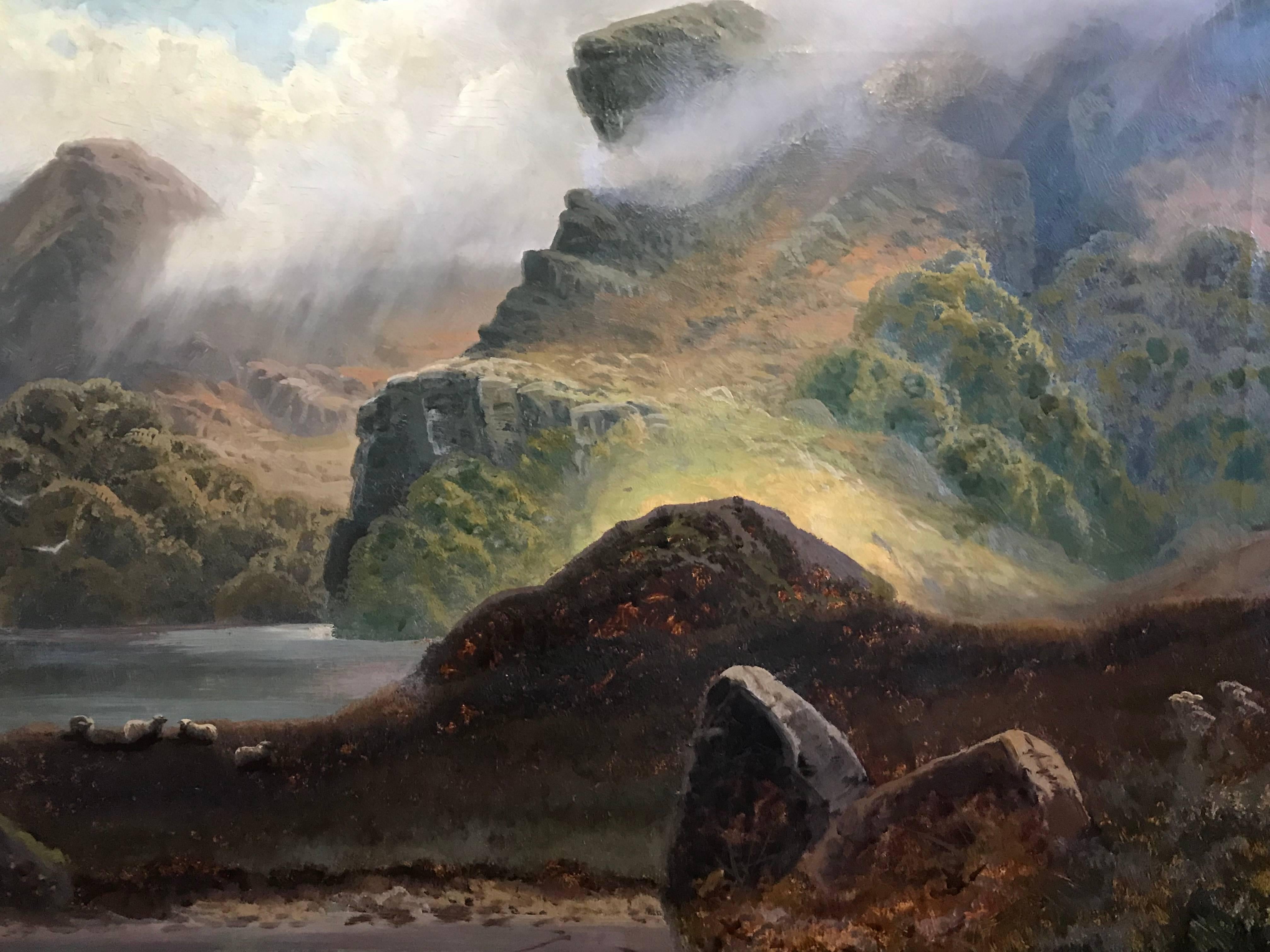 Grand paysage écossais du 19ème siècle Glen Atmospheric avec moutons broutant:: huile signée - Noir Landscape Painting par Cedric Gray
