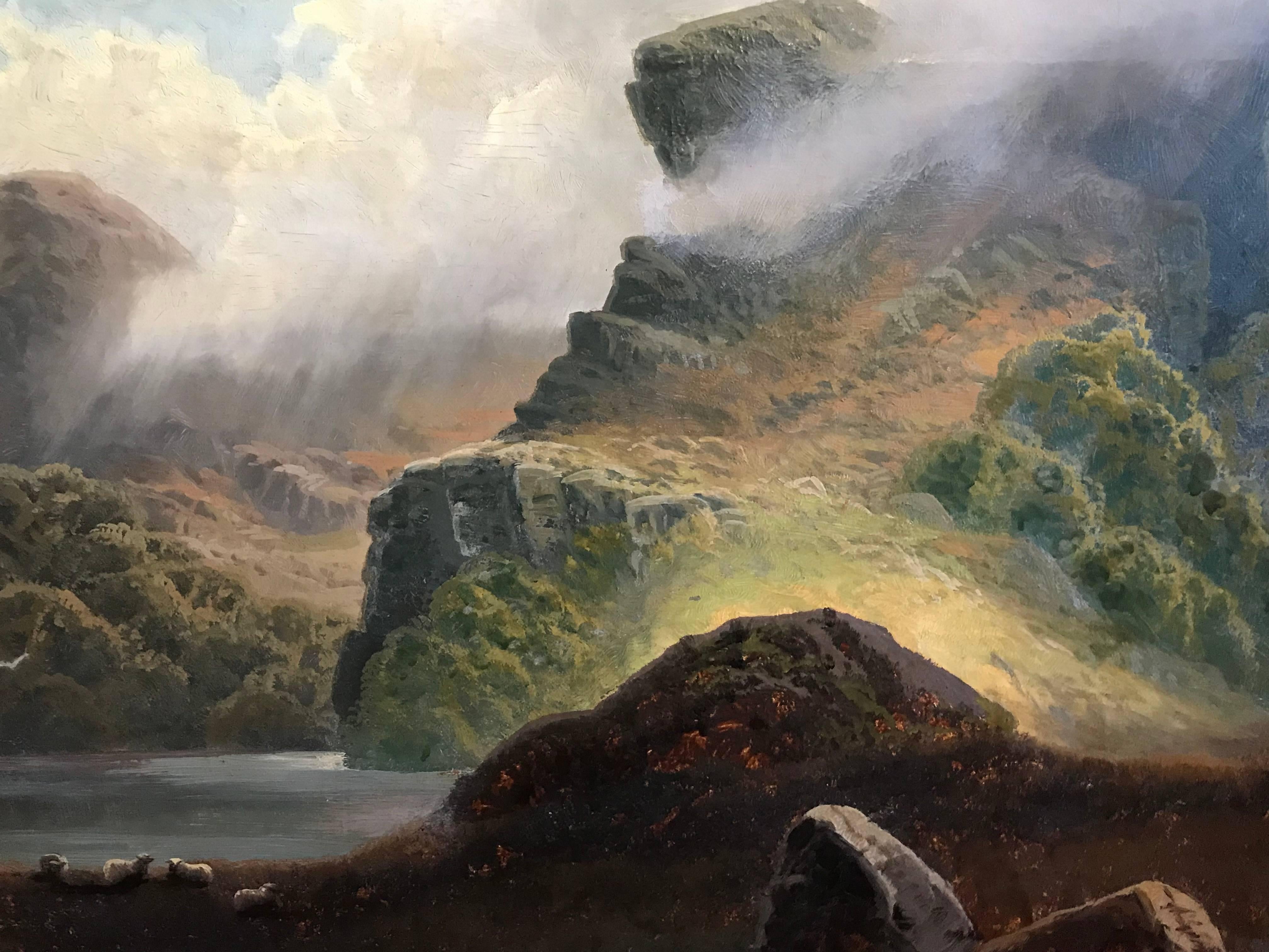 Huge 19th Century Scottish Glen Atmospheric Landscape Sheep Grazing, Signed Oil - Black Landscape Painting by Cedric Gray