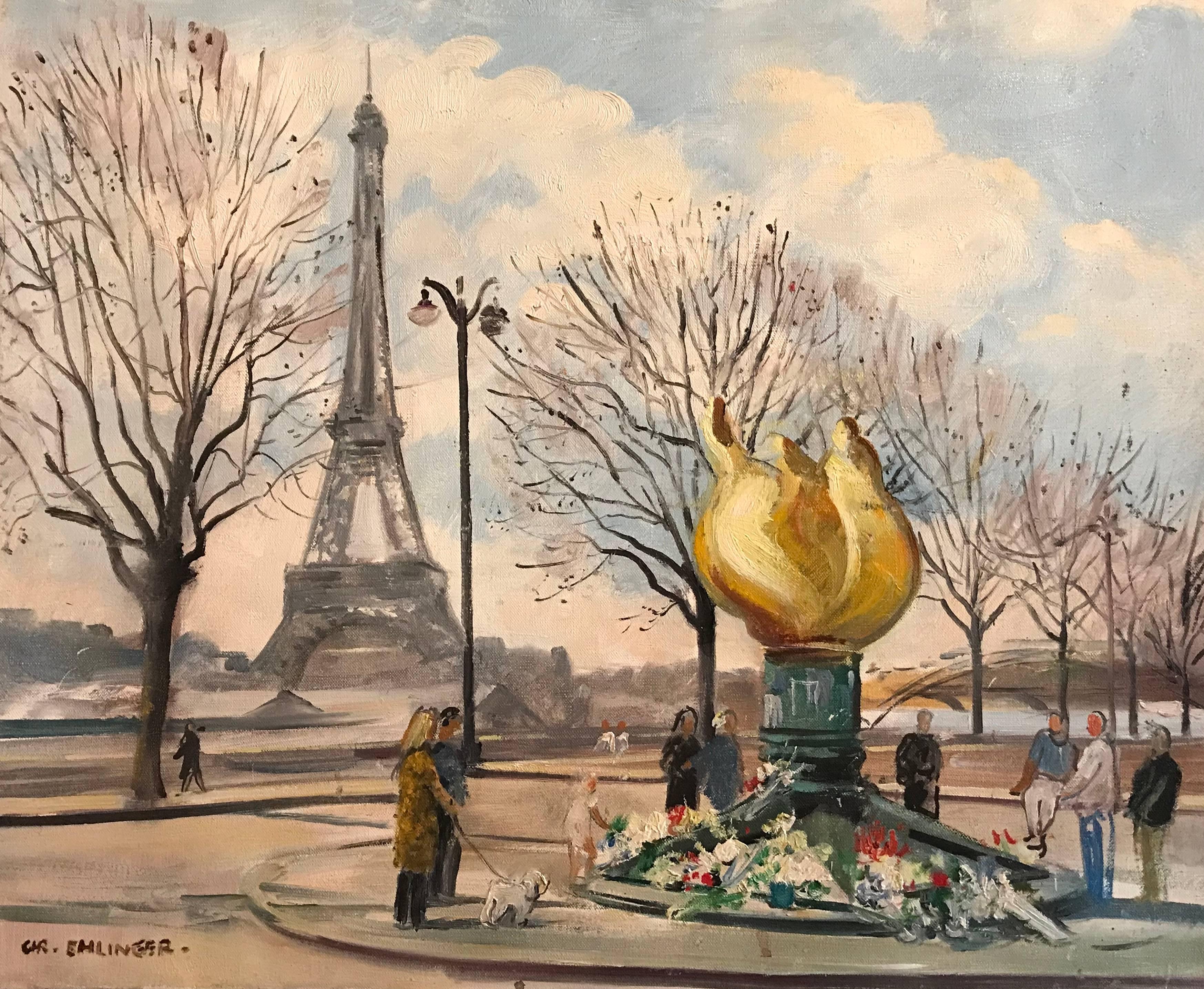 Landscape Painting Christian Ehlinger - Flame of Liberty, Paris - Mémorial de la princesse Diana, peinture à l'huile signée