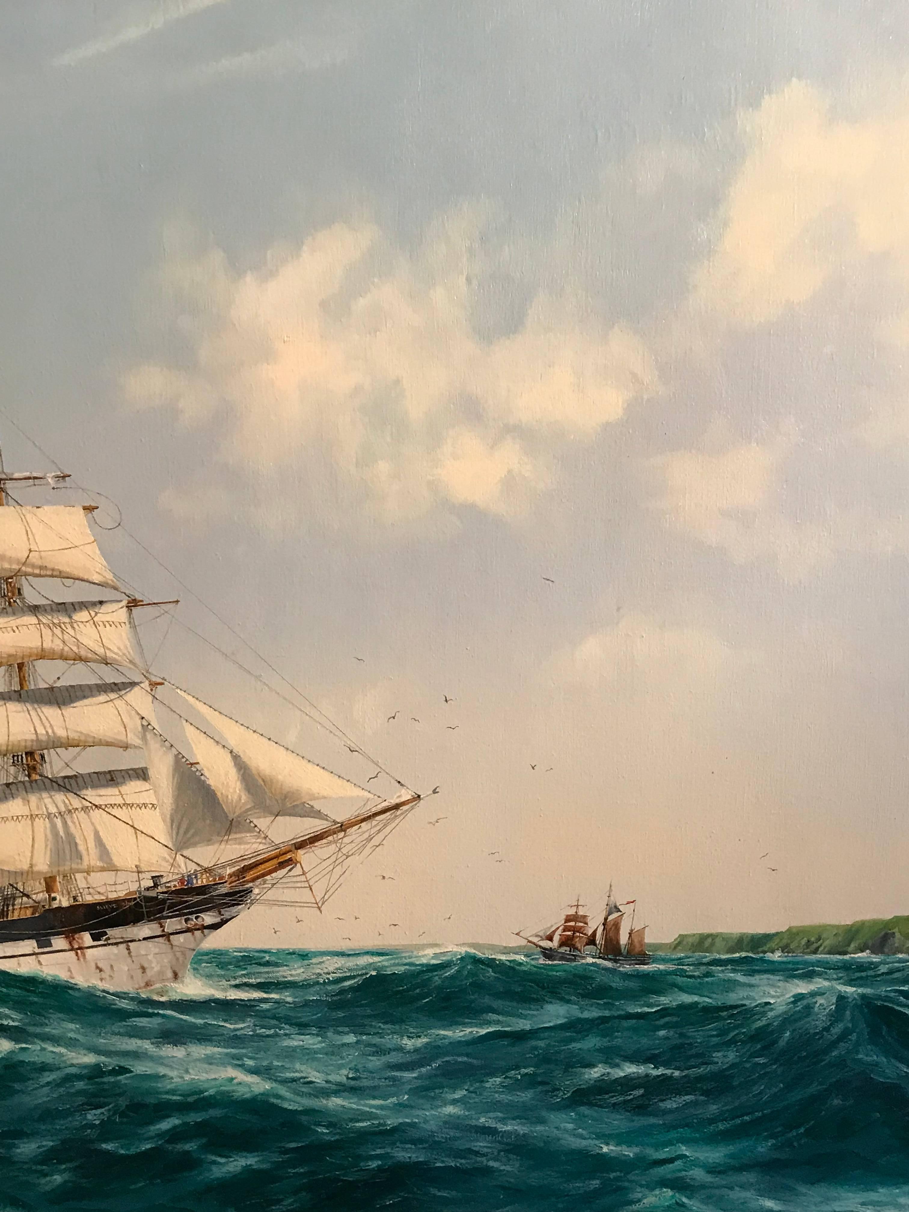 Huge Maritime Oil Painting Classic Sailing Ship Choppy Waters 6