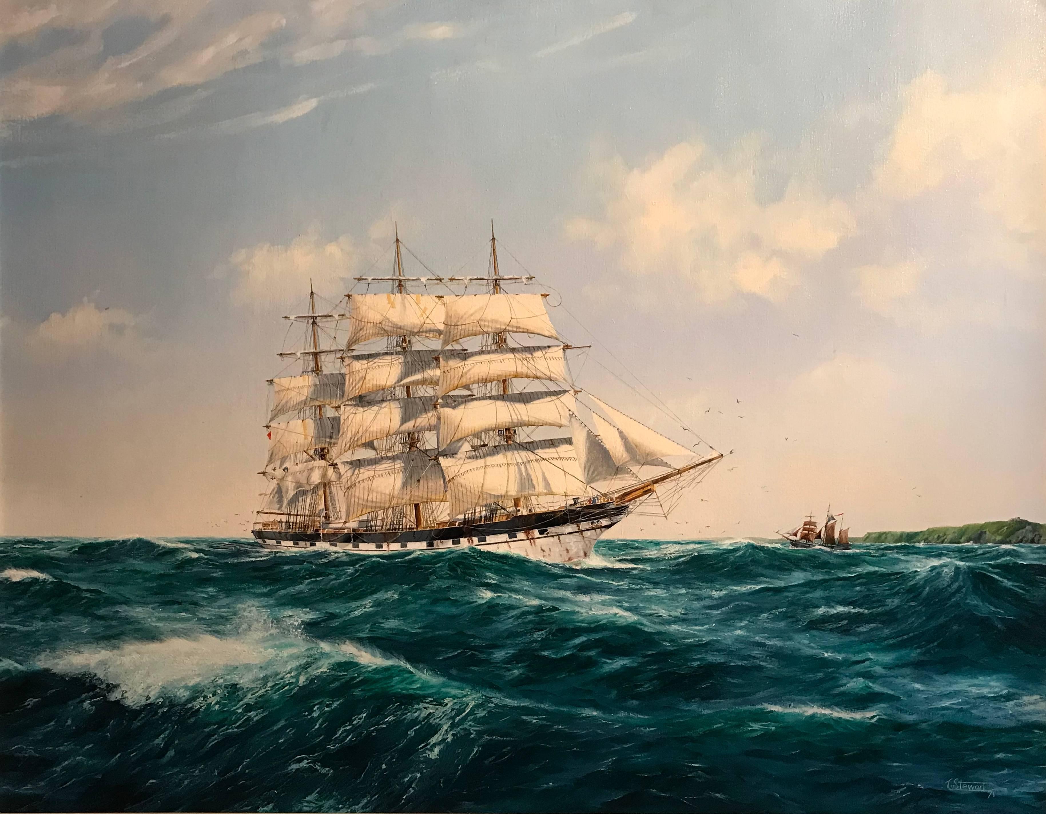 John Stewart Landscape Painting - Huge Maritime Oil Painting Classic Sailing Ship Choppy Waters