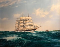 Huge Maritime Oil Painting Classic Sailing Ship Choppy Waters