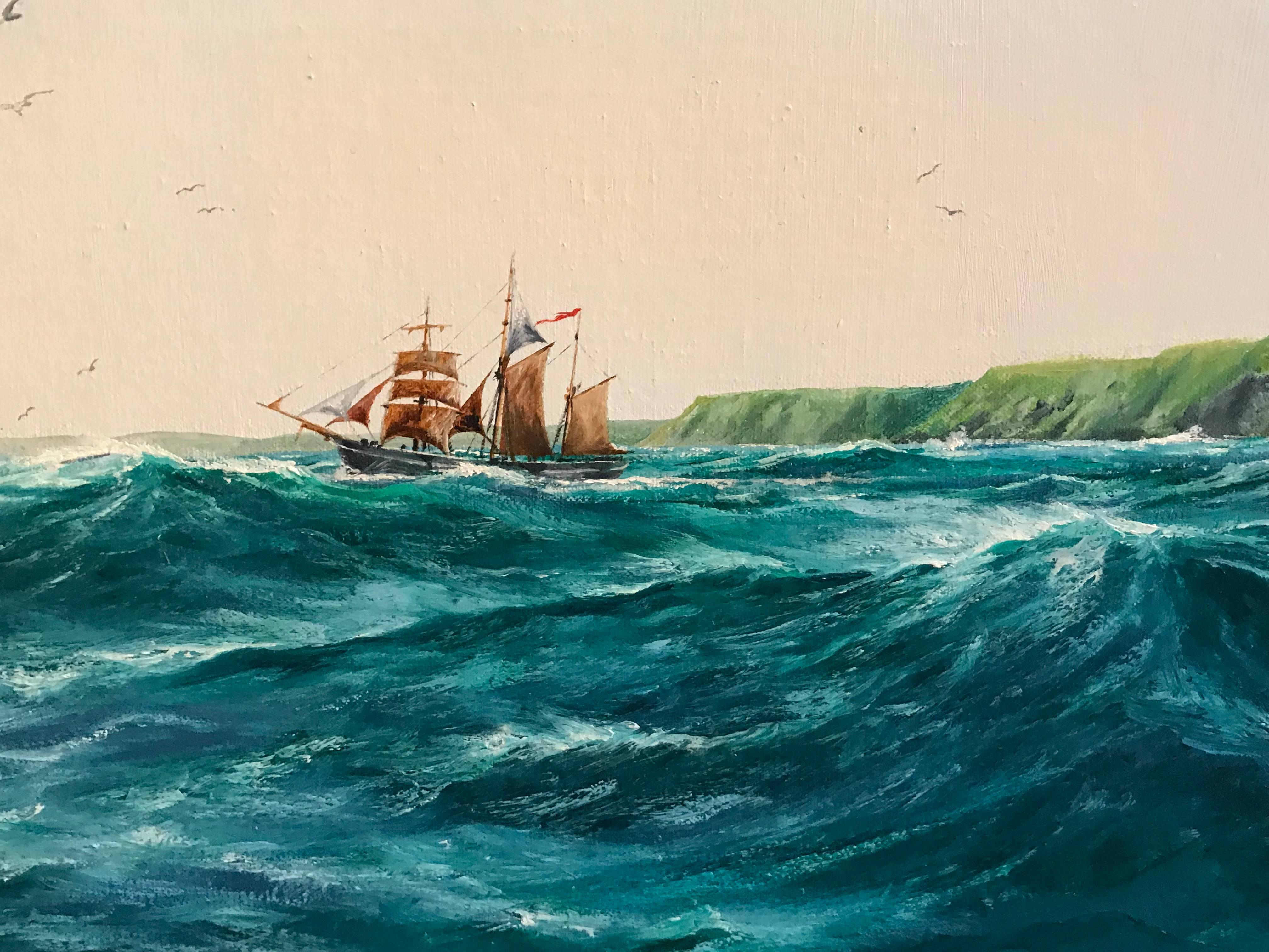 Huge Maritime Oil Painting Classic Sailing Ship Choppy Waters 1