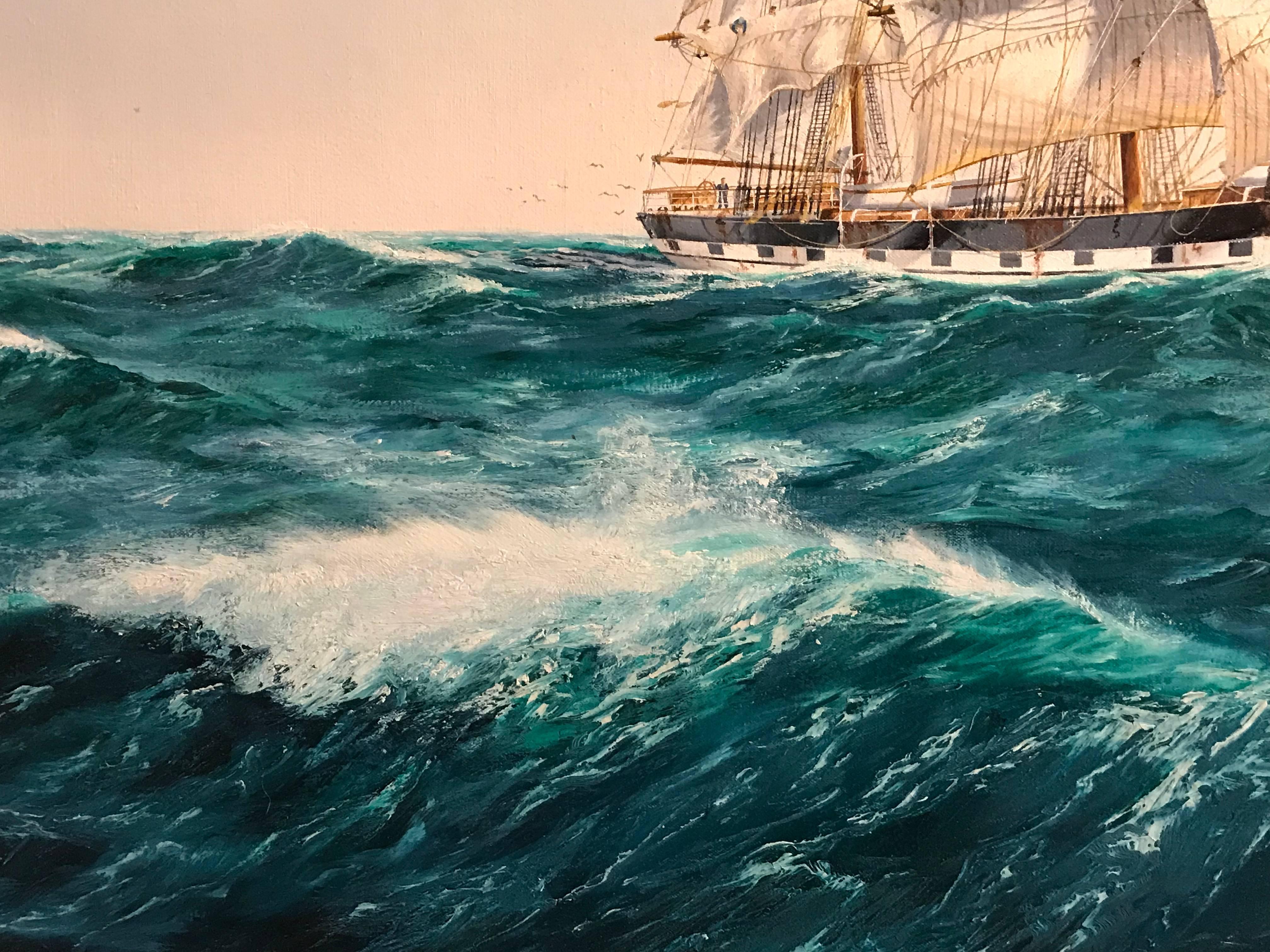 Huge Maritime Oil Painting Classic Sailing Ship Choppy Waters 3