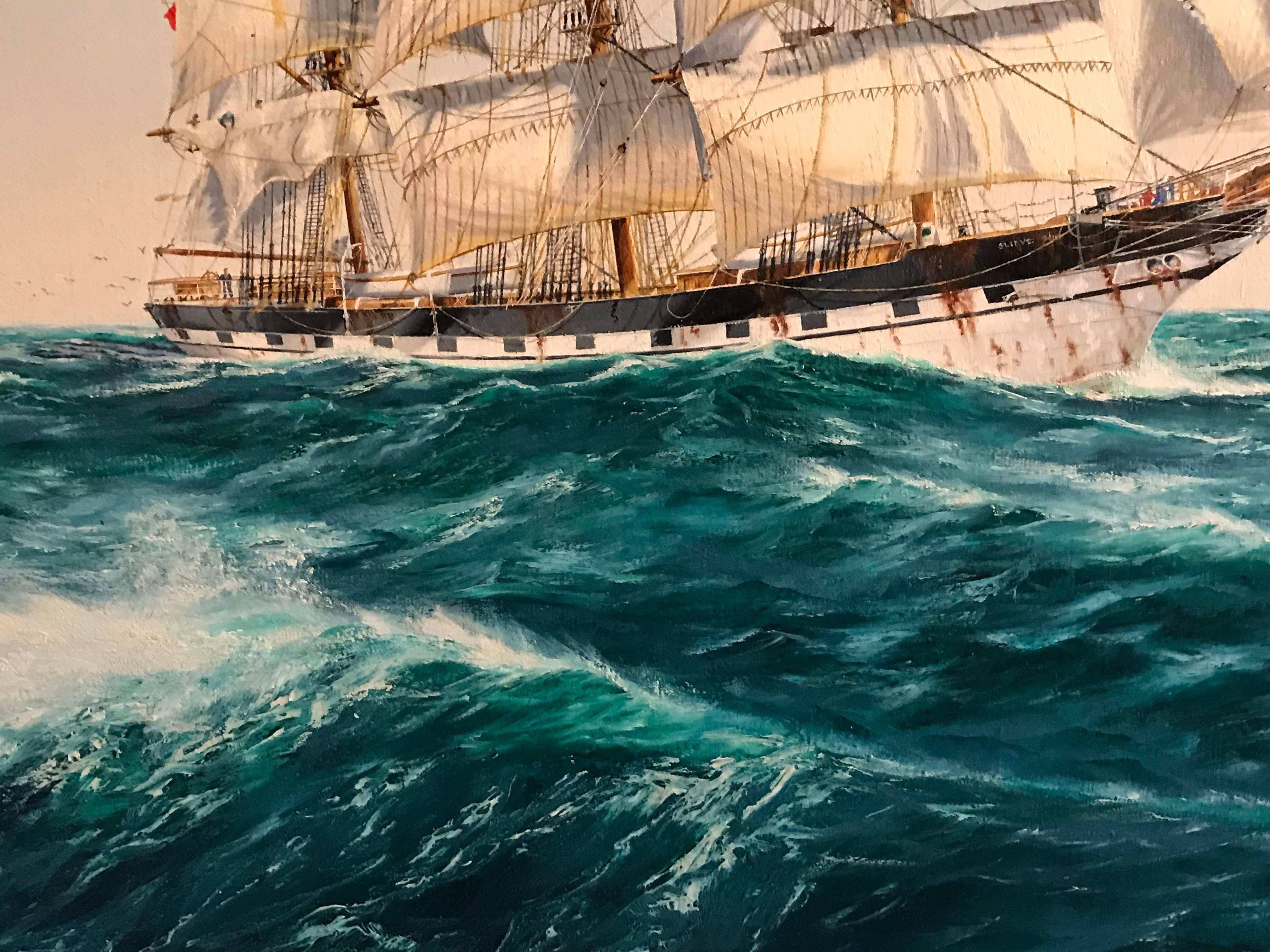 Huge Maritime Oil Painting Classic Sailing Ship Choppy Waters 4