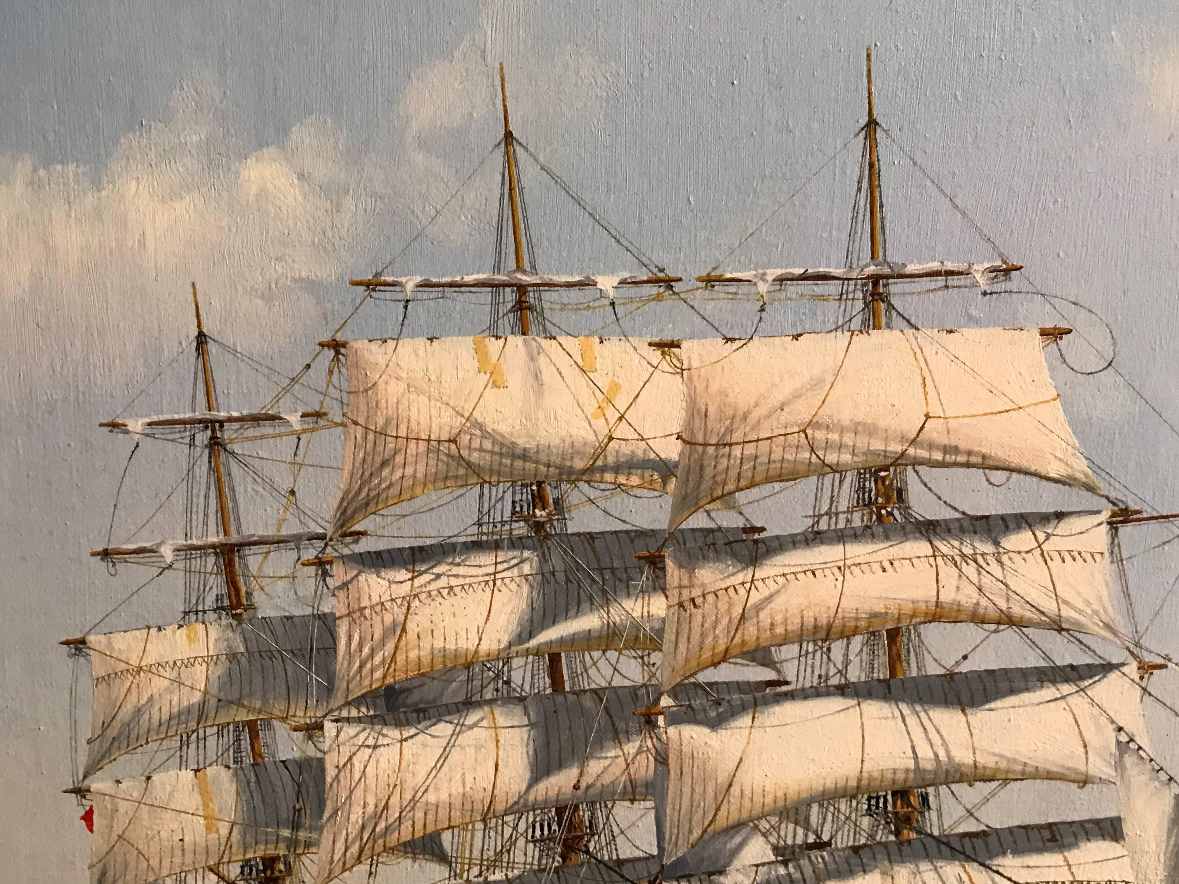 Huge Maritime Oil Painting Classic Sailing Ship Choppy Waters 5