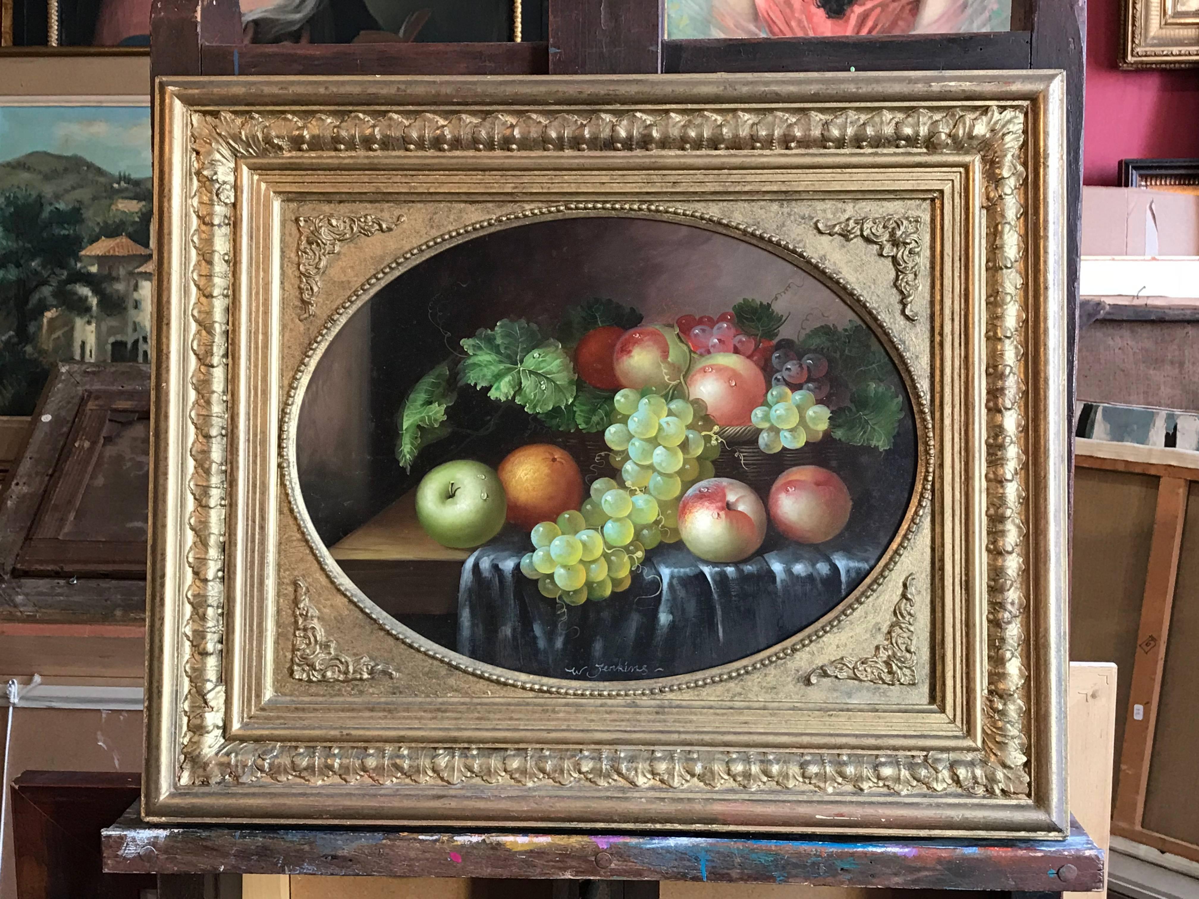 Sumptuous Still Life Fruit on a Table, signed oil painting - Painting by Unknown