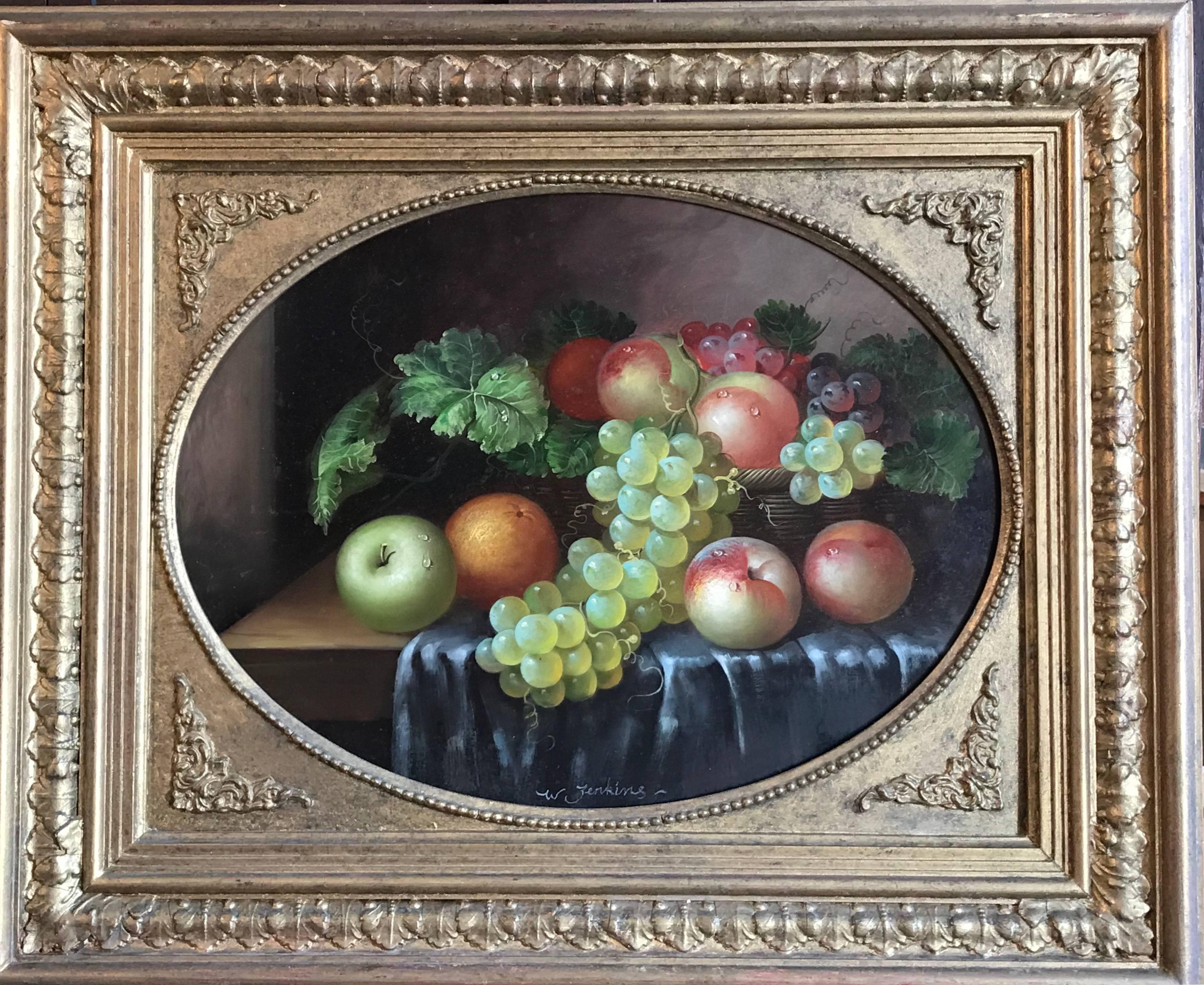 Unknown Still-Life Painting - Sumptuous Still Life Fruit on a Table, signed oil painting