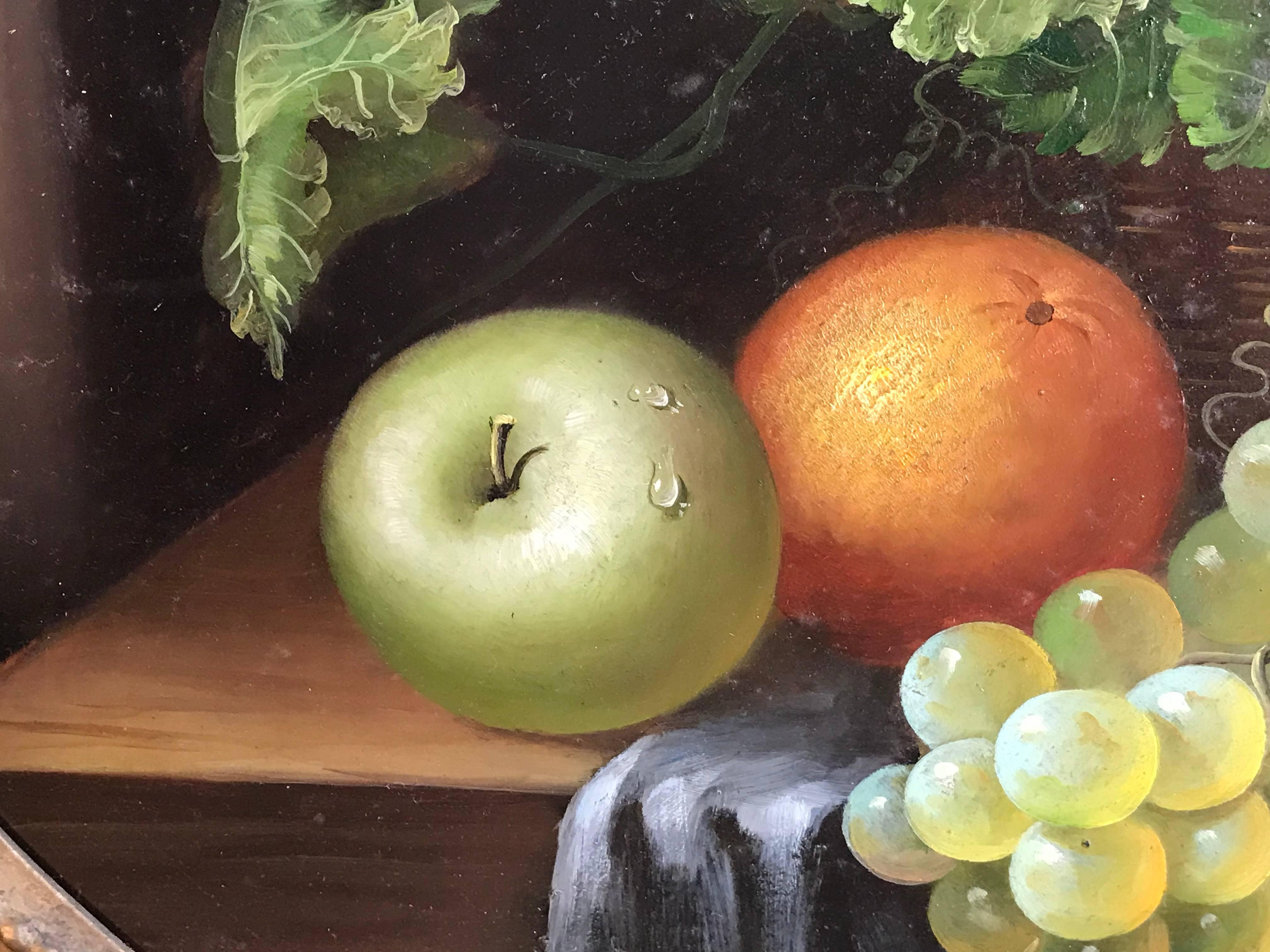 Sumptuous Still Life Fruit on a Table, signed oil painting - Gray Still-Life Painting by Unknown