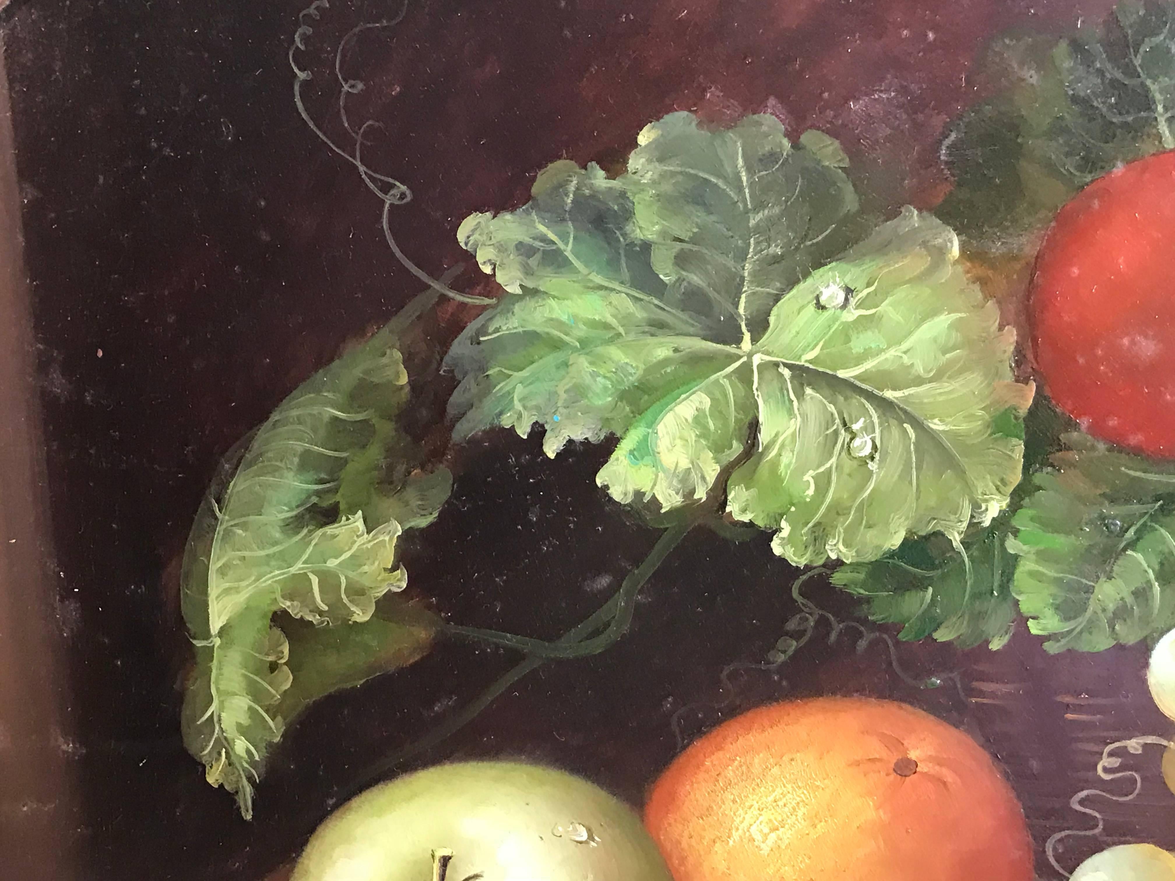 Late Summer Fruits
by W. Jenkins, late 20th century
signed oil painting on board, framed
framed size: 19 x 23 inches

Finely painted ornate study of early autumnal fruits on a marble ledge. Beautifully painted with crisp, intricate detailing.