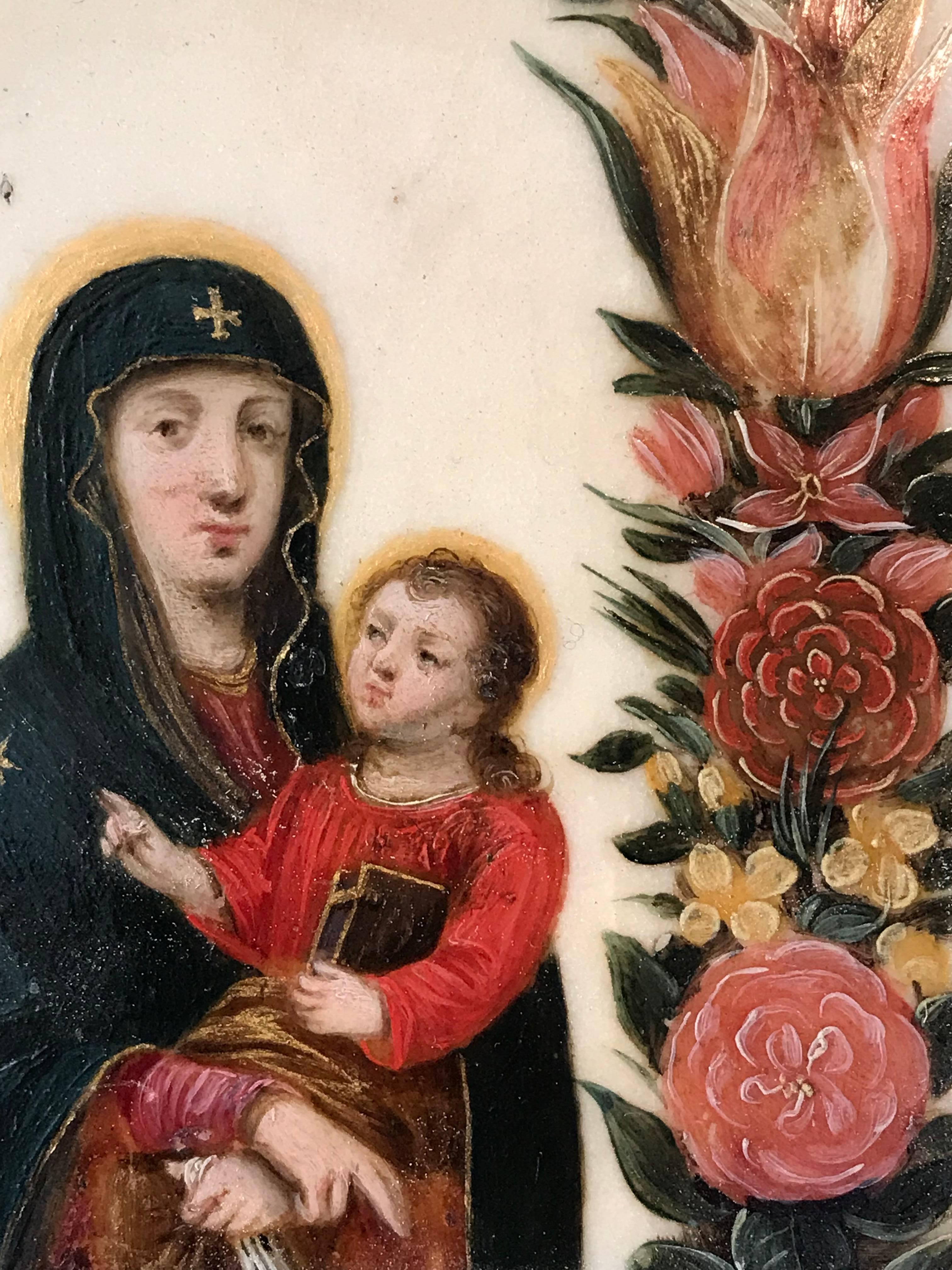The Virgin and Christ Child
Flemish School, circa 1620's
oil painting on marble, framed
framed measurements: 8.5 x 7.25 inches

Very fine quality early 17th century Flemish Old Master oil painting. The work is painted on marble, which is