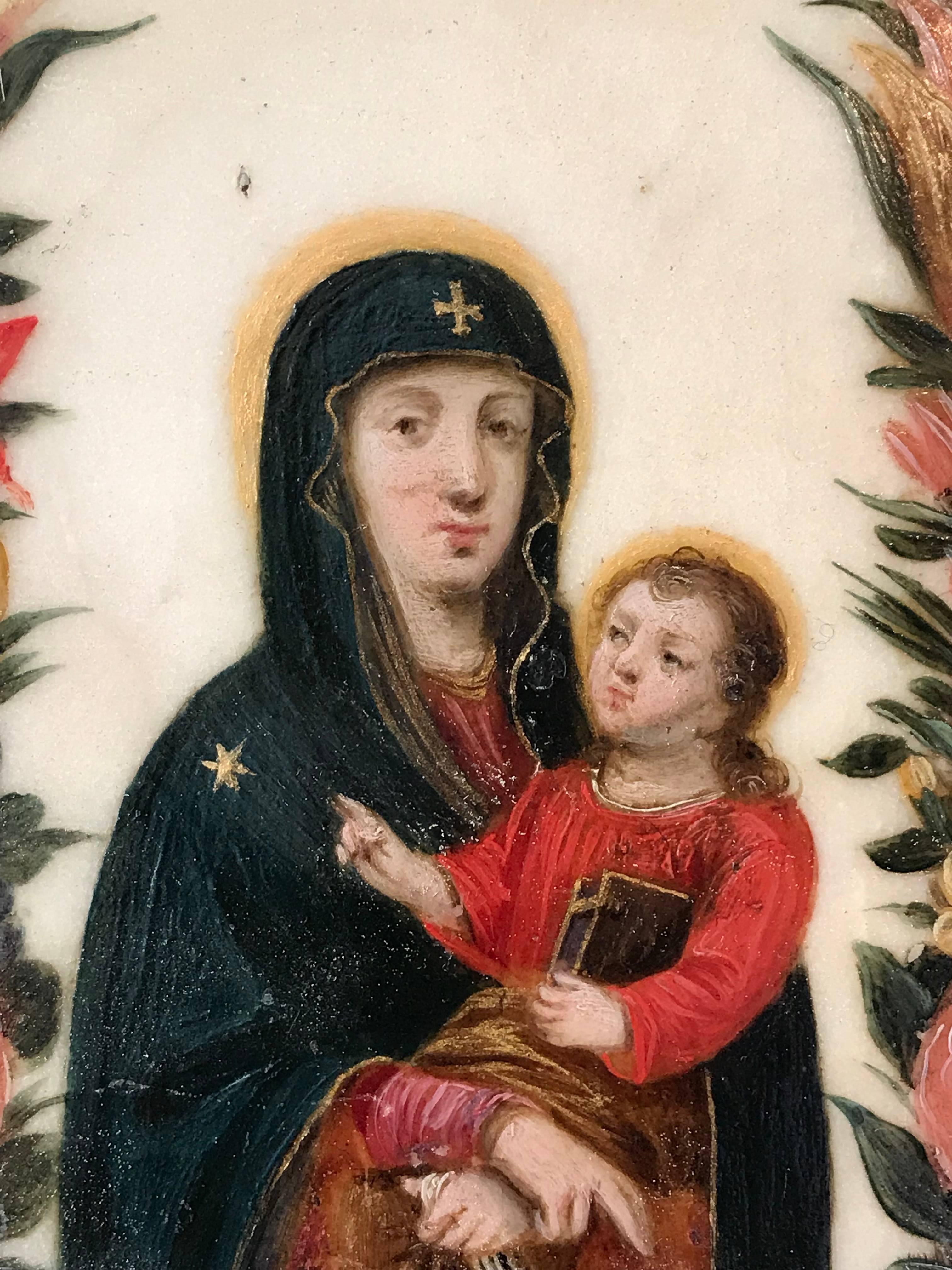 Virgin and Christ Child, Oil on Marble circa 1620 - Beige Portrait Painting by Unknown