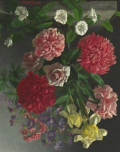 Belle peinture à l'huile de nature morte anglaise, Profusion de fleurs Belle peinture