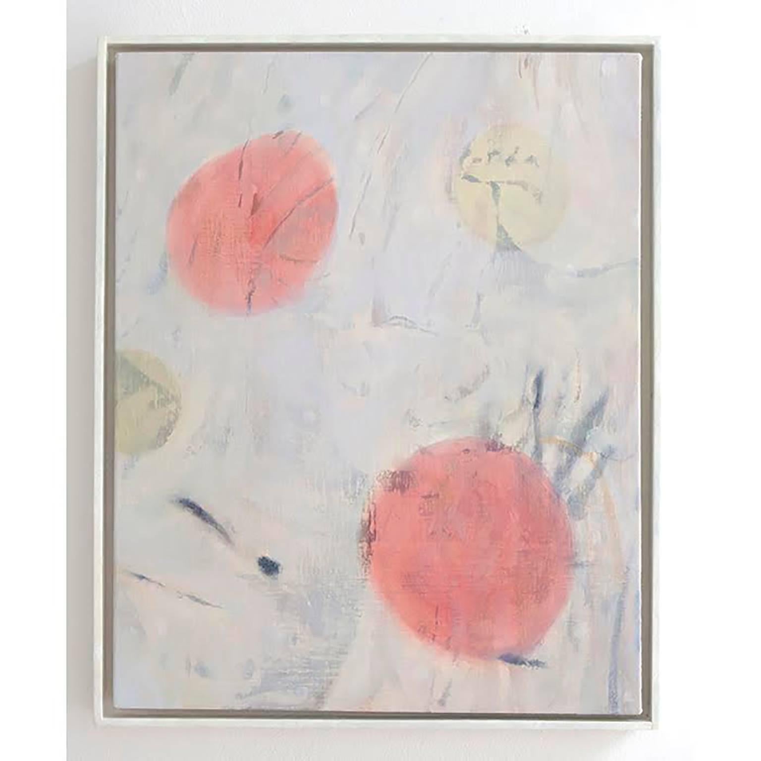 This is a fine art abstract painting by NY based artist Emily Weiner. The contemporary composition features playful circles of red and yellow on a white linen background for both a bold and gentle touch. 