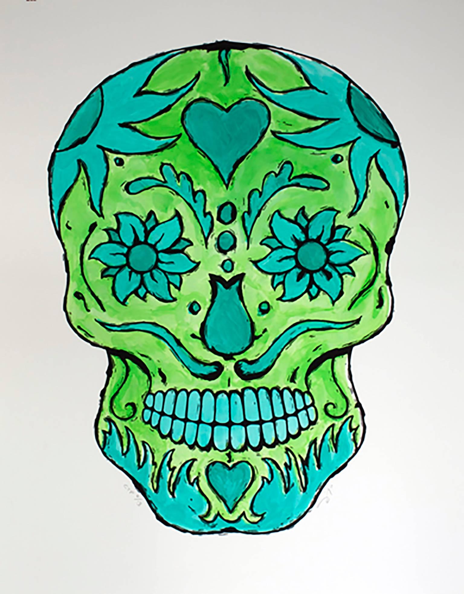 Bill Fick Print - Green Skull Monoprint - Contemporary 
