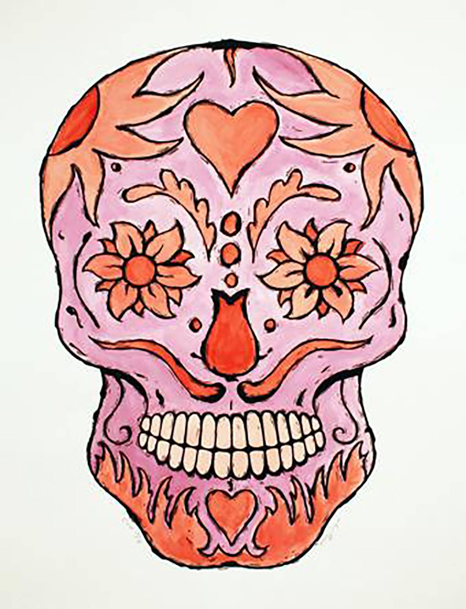 Bill Fick Print - Red Tattoo Skull - Monoprint - Contemporary 