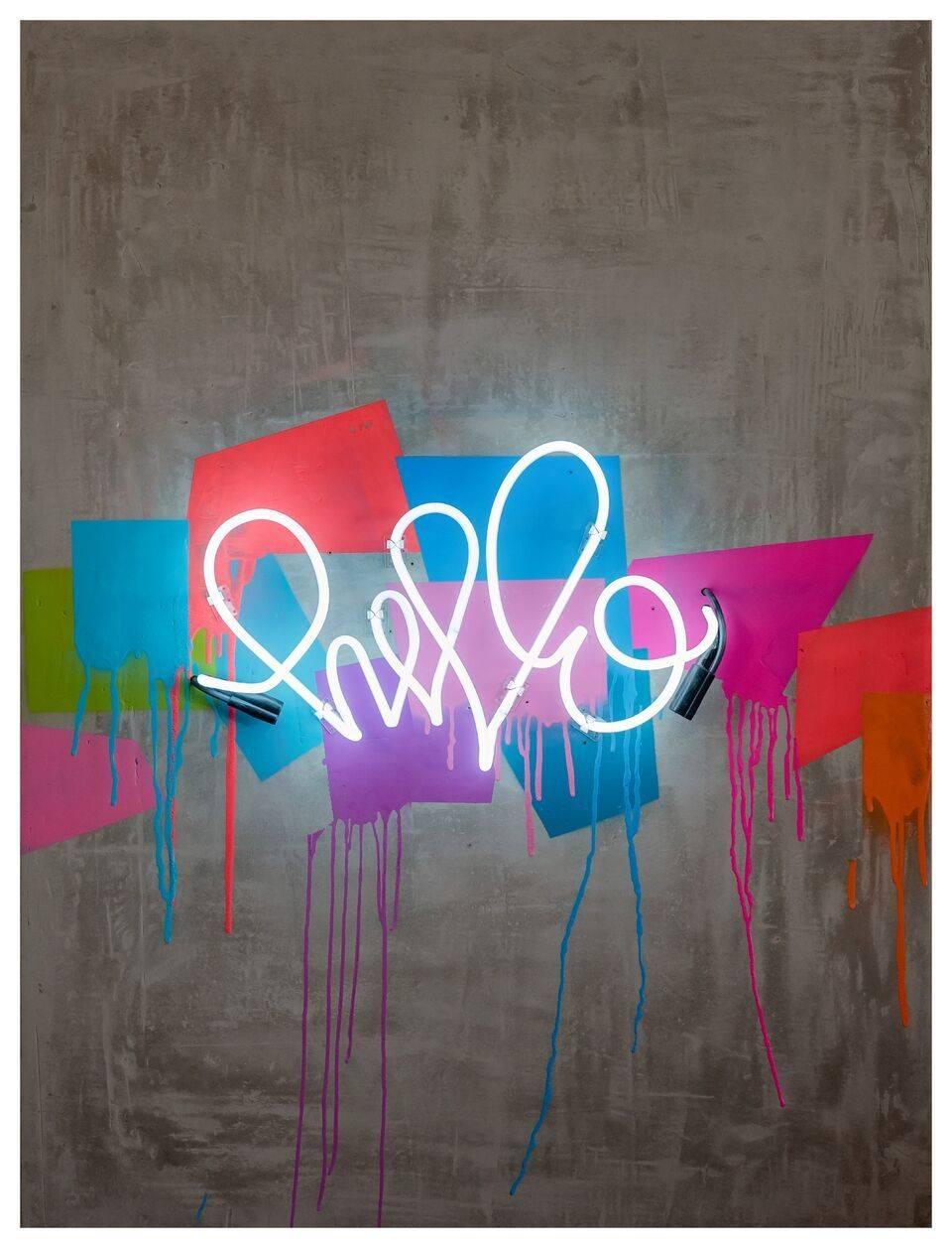 Hello Beautiful - Original Graffiti Painting - Contemporary - Neon on Wood - Mixed Media Art by Karlos Marquez