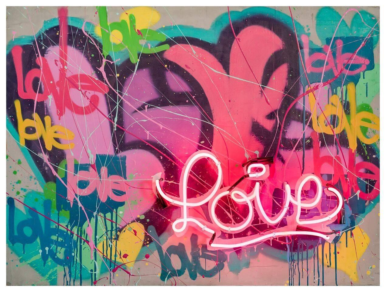 Much Love - Original Graffiti Painting - Contemporary - Neon on Wood - Mixed Media Art by Karlos Marquez