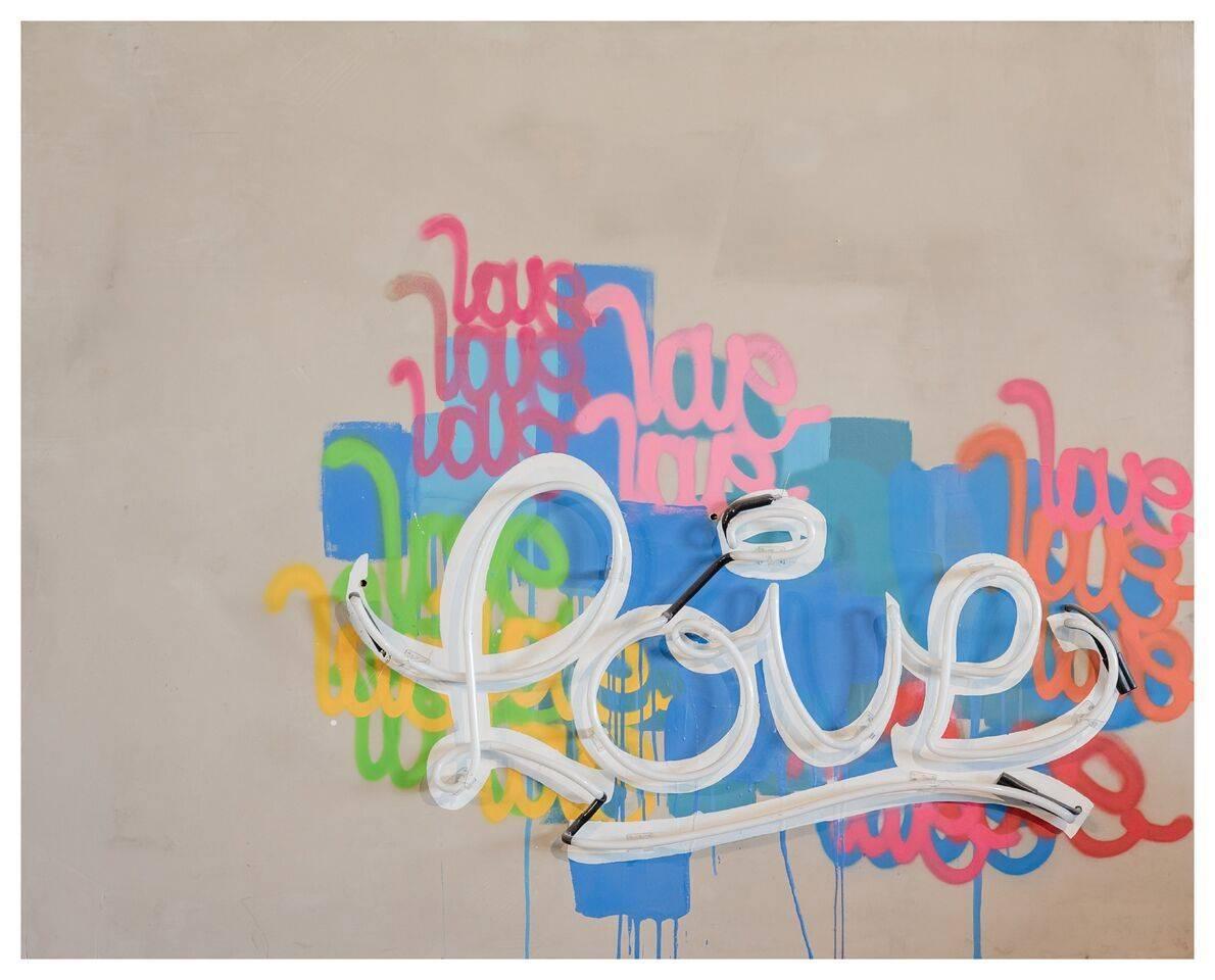Karlos Marquez Abstract Painting - Love - Neon Series 36x48", Contemporary Graffiti and Neon on Wood Panels 