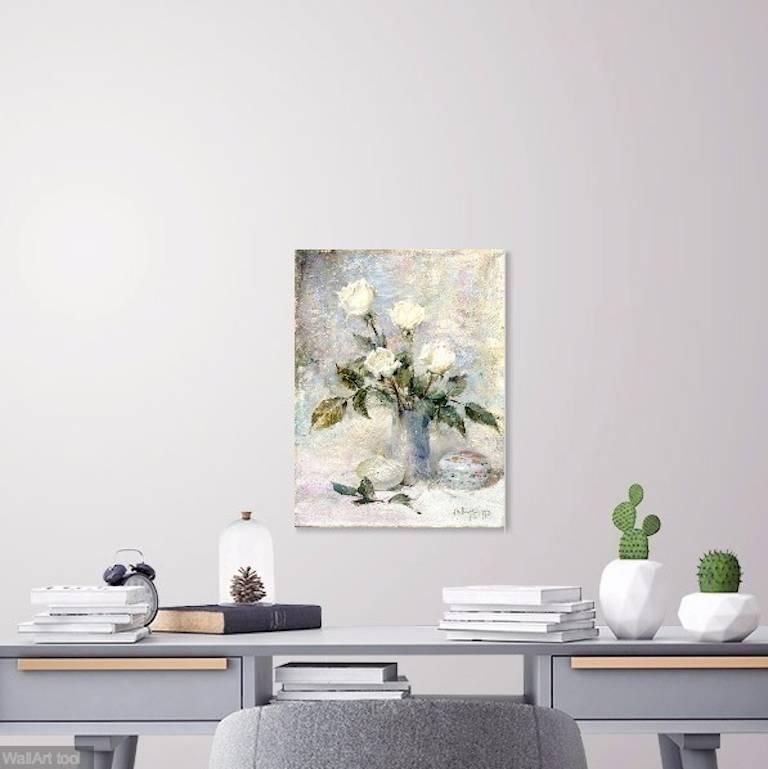 "White Roses with Onion" is a limited edition giclée print stretched on canvas, from the estate of leading American Realist painter Clark Hulings.  Clark Hulings was as revered for his roses as much as he was for his donkeys. This classic