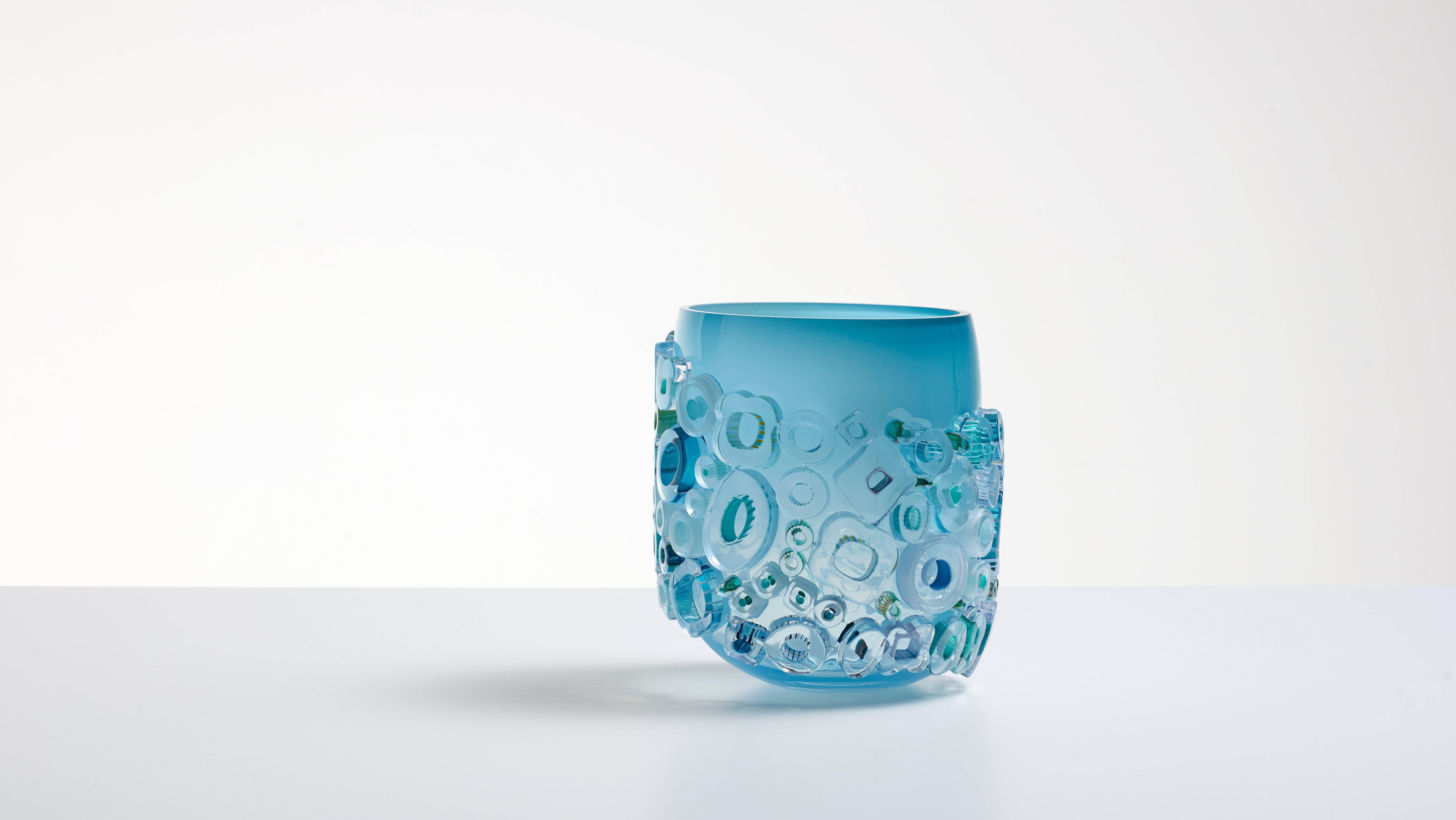 Murano glass style blue vase. Blue blown glass vessel with glass ornaments - Modern Sculpture by Sabine Lintzen