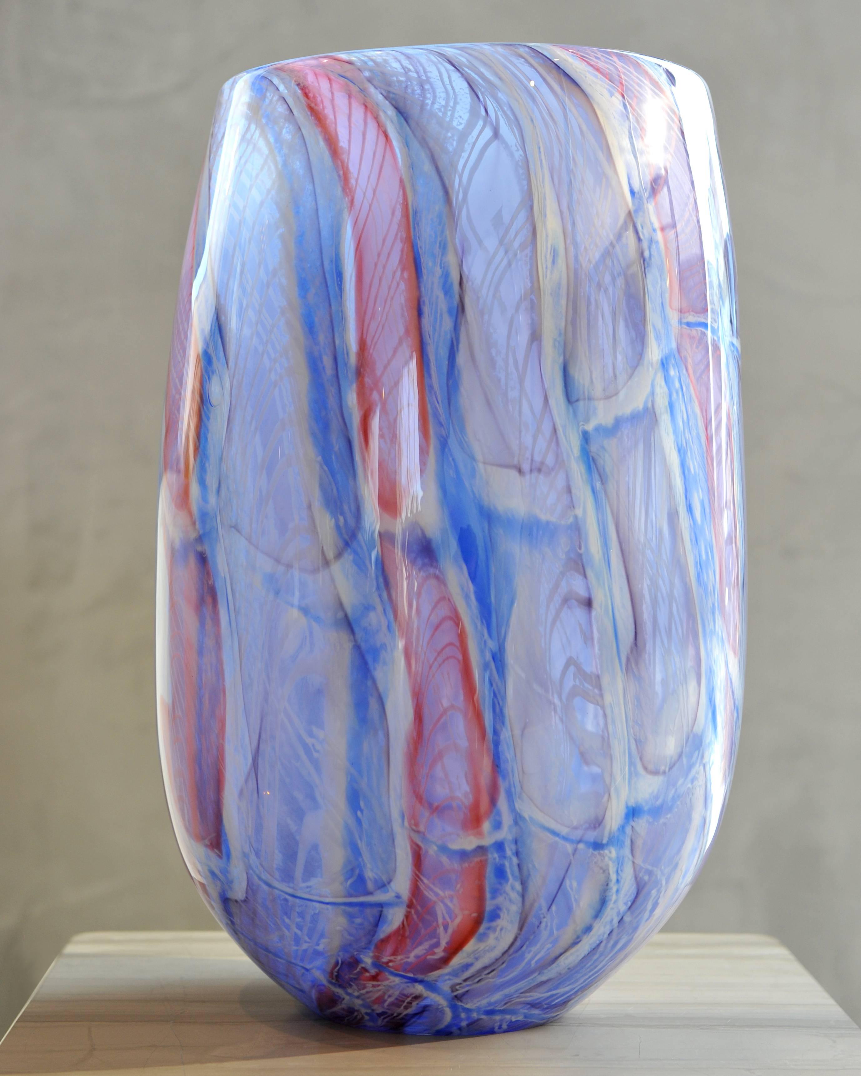 Richard Price Abstract Sculpture - Blown glass tall vase. Murano glass style colors purple, blue, red and white