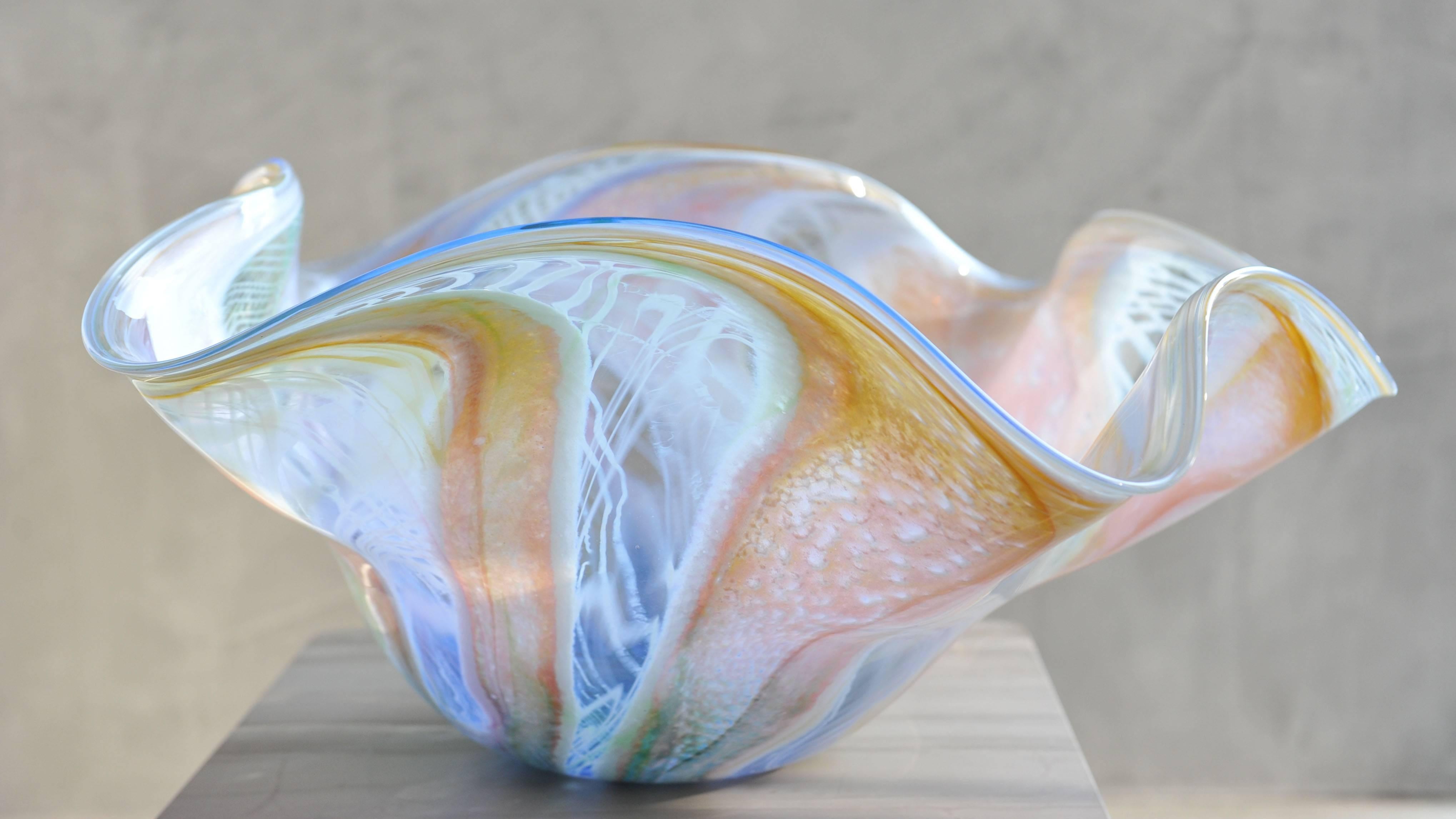 Richard Price Figurative Sculpture - Blown Glass Decorative Bowl. Murano glass style colors in blue, pink, white.