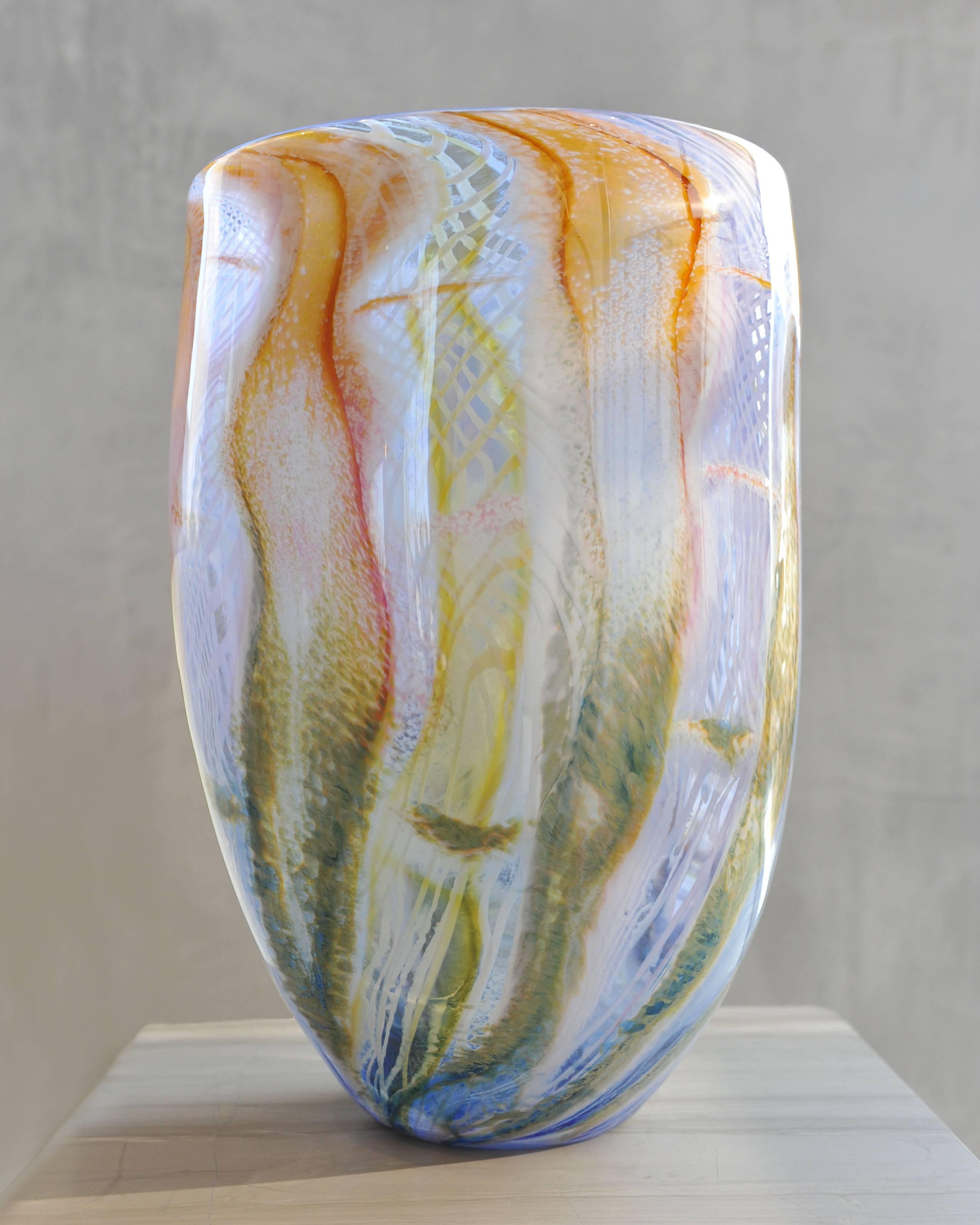 Richard Price Figurative Sculpture - Large blown glass round vase. Murano glass style colors blue, orange, green, red