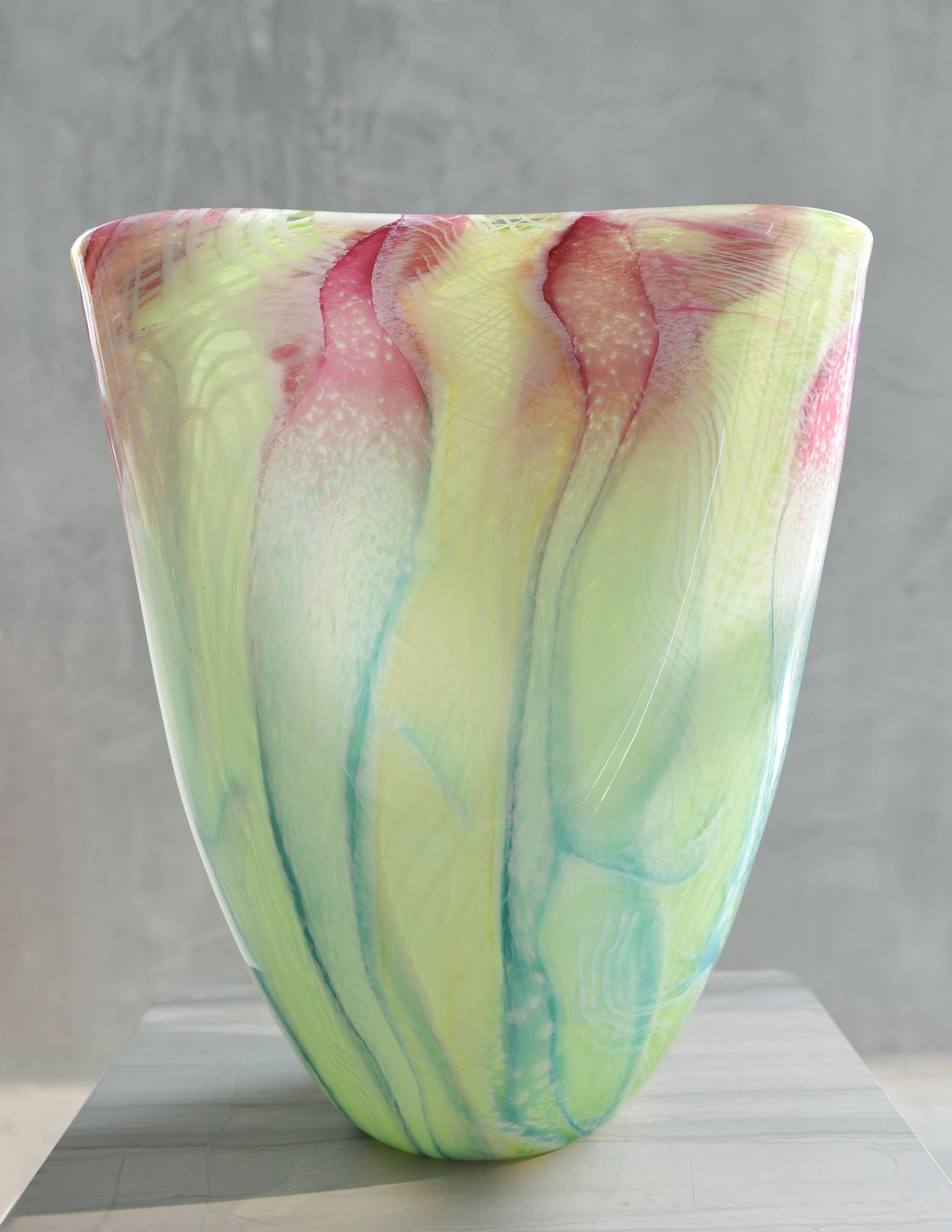 Richard Price Figurative Sculpture - Large fan shaped blown glass vase. Murano glass style colors yellow, green, red