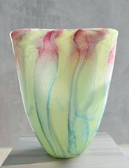 Large fan shaped blown glass vase. Murano glass style colors yellow, green, red