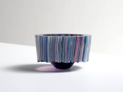 Sabine Lintzen - Blue blown glass bowl with colorful glass threads Blue blown glass bowl with colorful glass threads