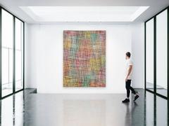 Large acrylic painting on canvas. Colorful painting red, green, turquoise, ocher