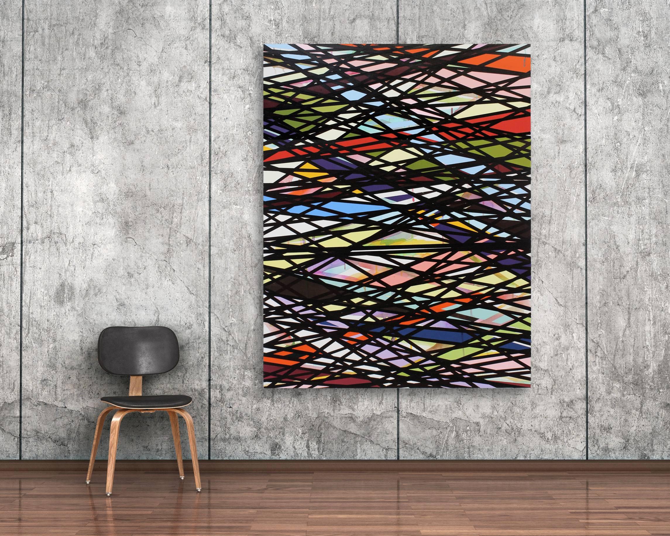 Large acrylic painting on canvas. Colors black, red, green, pink, light blue, ... - Painting by Ien Lucas