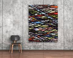 Large acrylic painting on canvas. Colors black, red, green, pink, light blue, ...