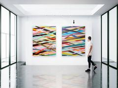 Large colorful abstract painting. Red, green, burgundy, pink, lavender, blue...