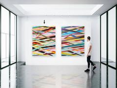 Large colorful abstract painting. Red, pistache, black, blue, brown, purple...