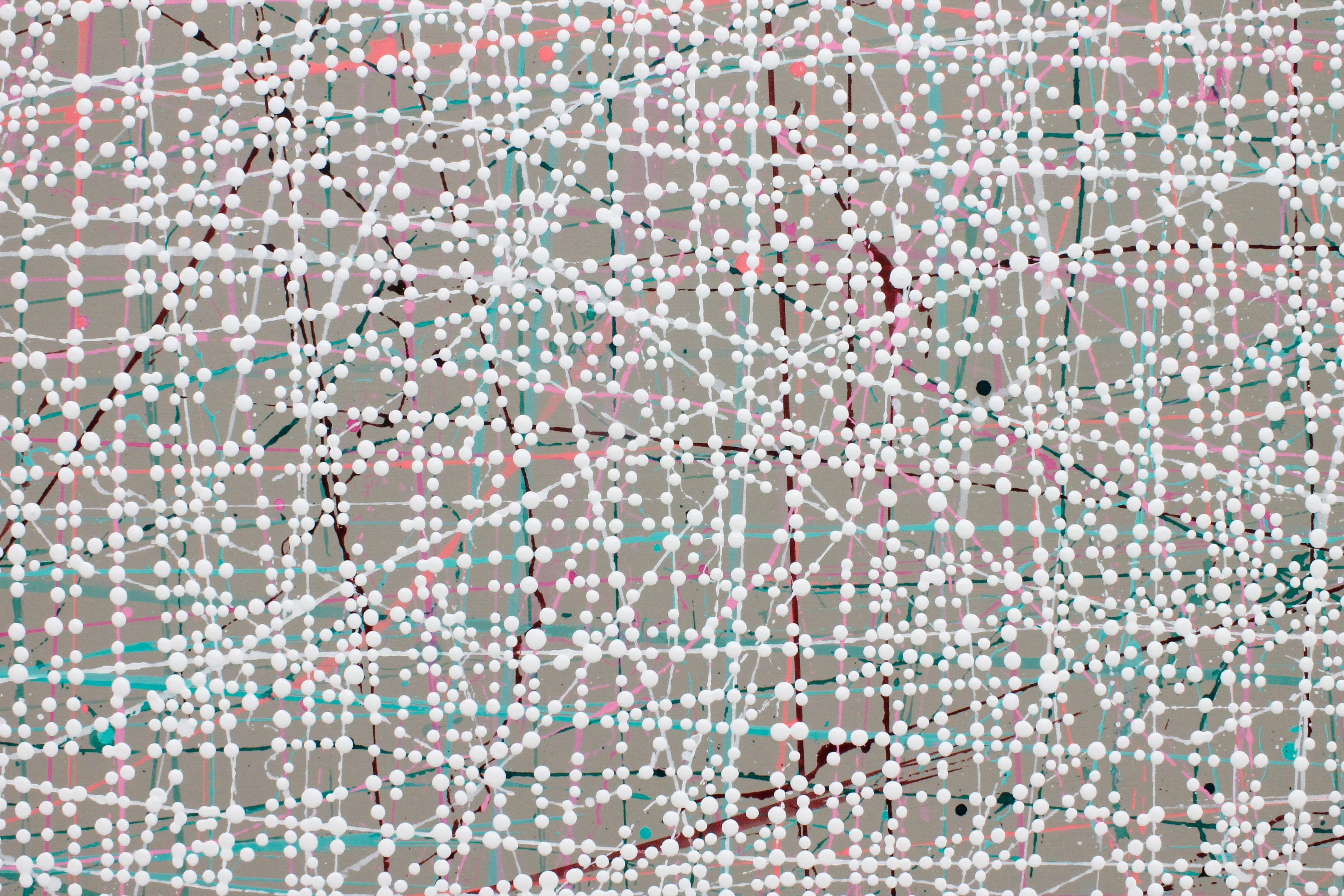 Colorful abstract painting 140cm x 180cm.  Thousands of fine acrylic paint dots are applied by hand by the artist over a network of fine lines. The process took weeks to finish. From a distance one encounters color surfaces of mint green and red.