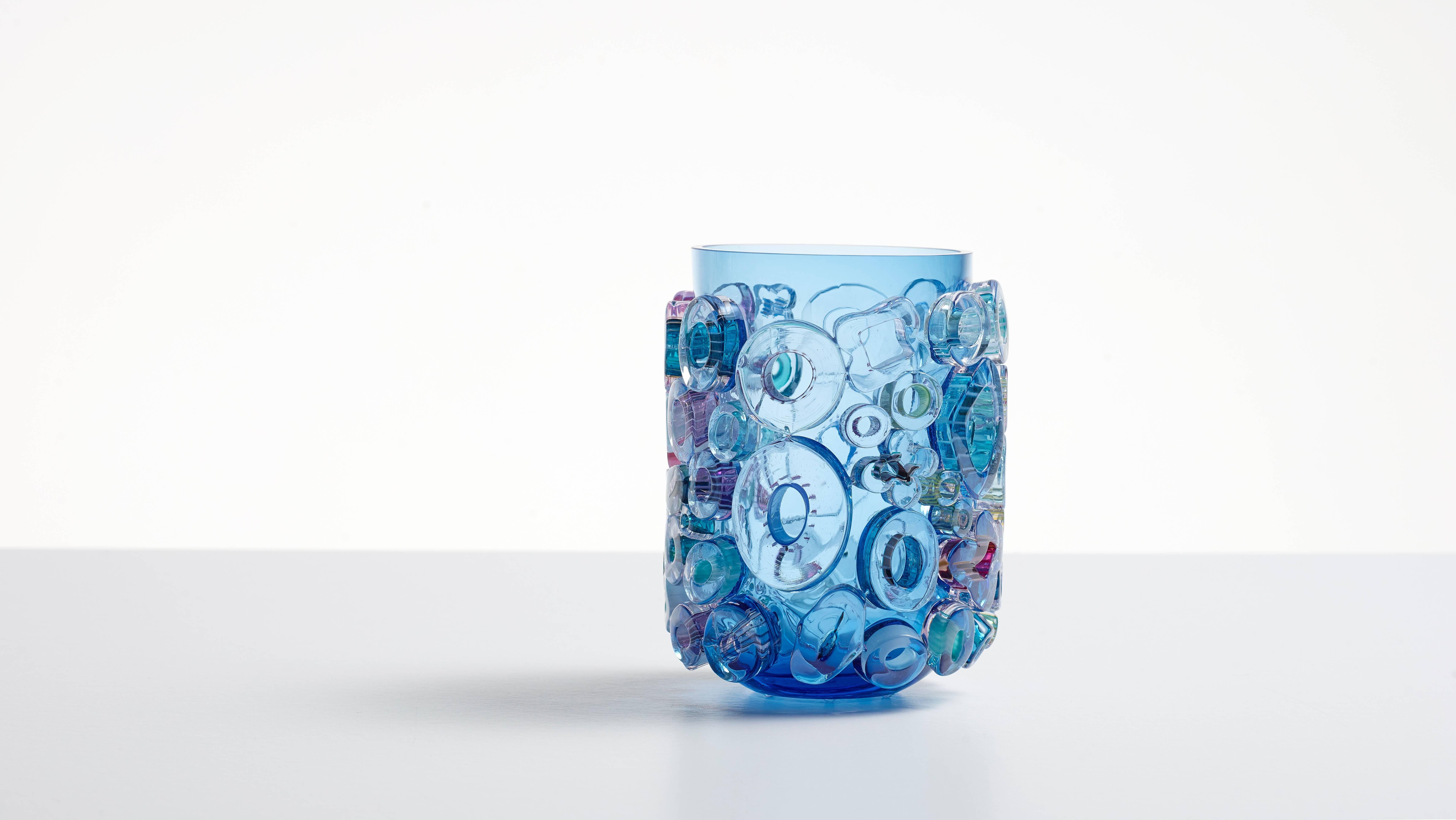 Murano glass style blue vase. Blue blown glass vessel with glass ornaments - Gray Figurative Sculpture by Sabine Lintzen