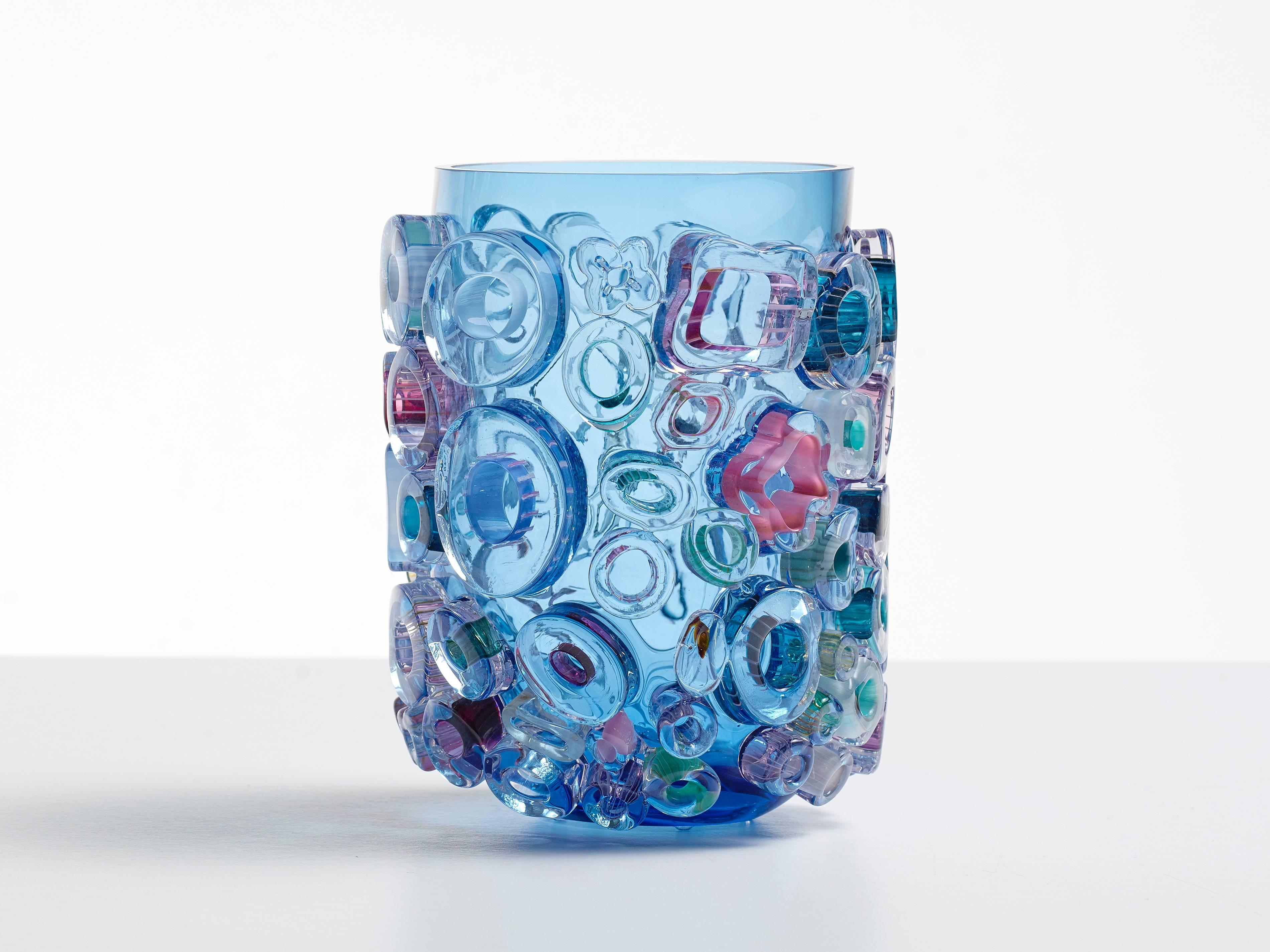 Sabine Lintzen Figurative Sculpture - Murano glass style blue vase. Blue blown glass vessel with glass ornaments