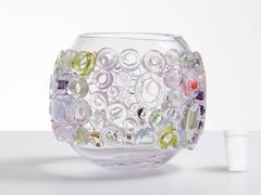 Clear pastels and white blown glass vessel in a contemporary Murano glass style.
