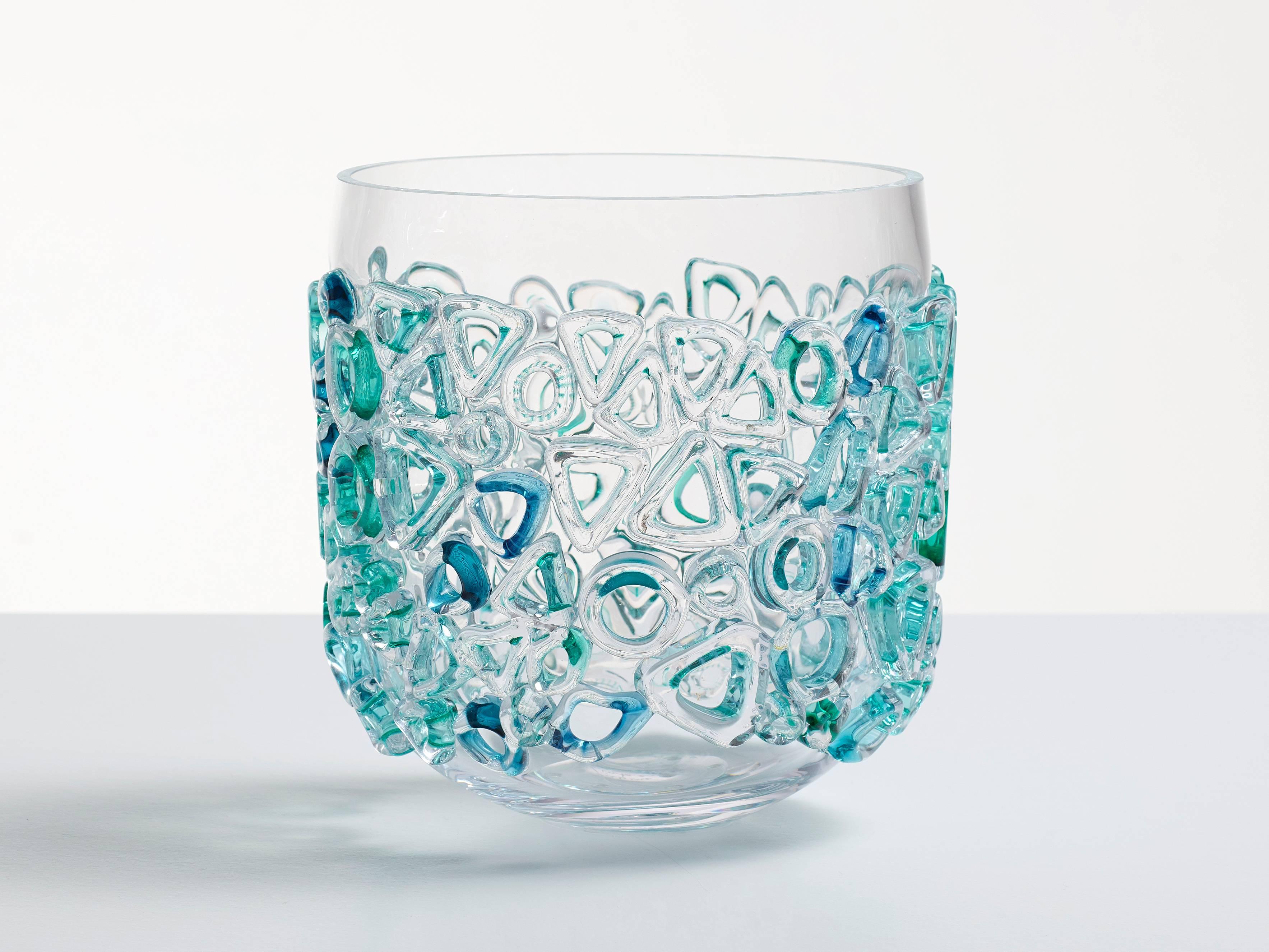 Sabine Lintzen Figurative Sculpture - Clear glass vessel. Murano glass style glass bowl, clear glass with blue & green