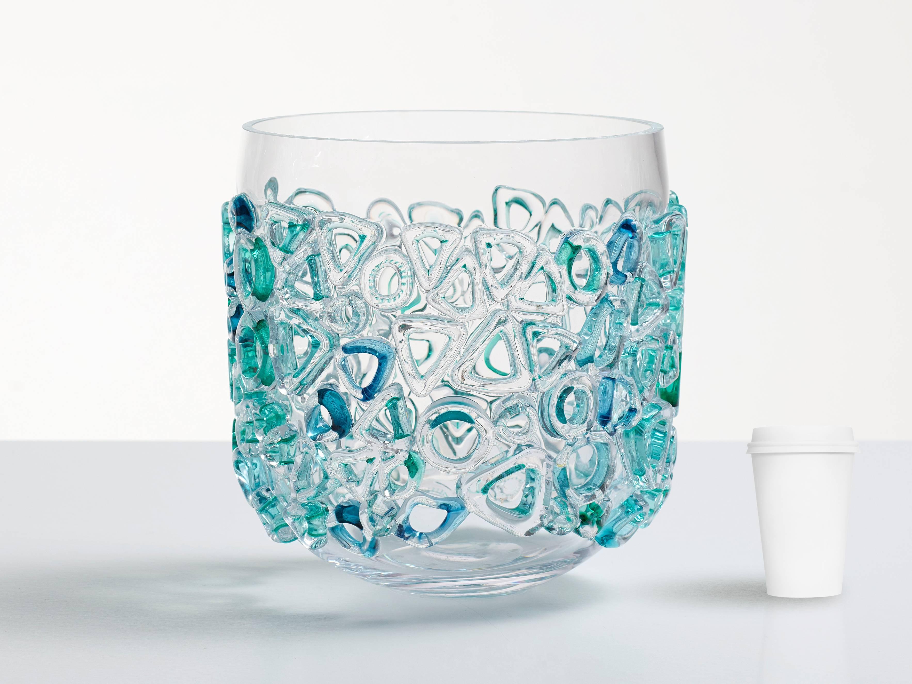 Clear glass vessel. Murano glass style glass bowl, clear glass with blue & green - Sculpture by Sabine Lintzen