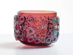 Ruby blown glass bowl in Murano glass style. Colorful glass centerpiece.