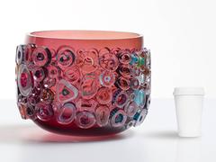 Ruby blown glass bowl in Murano glass style. Colorful glass centerpiece.