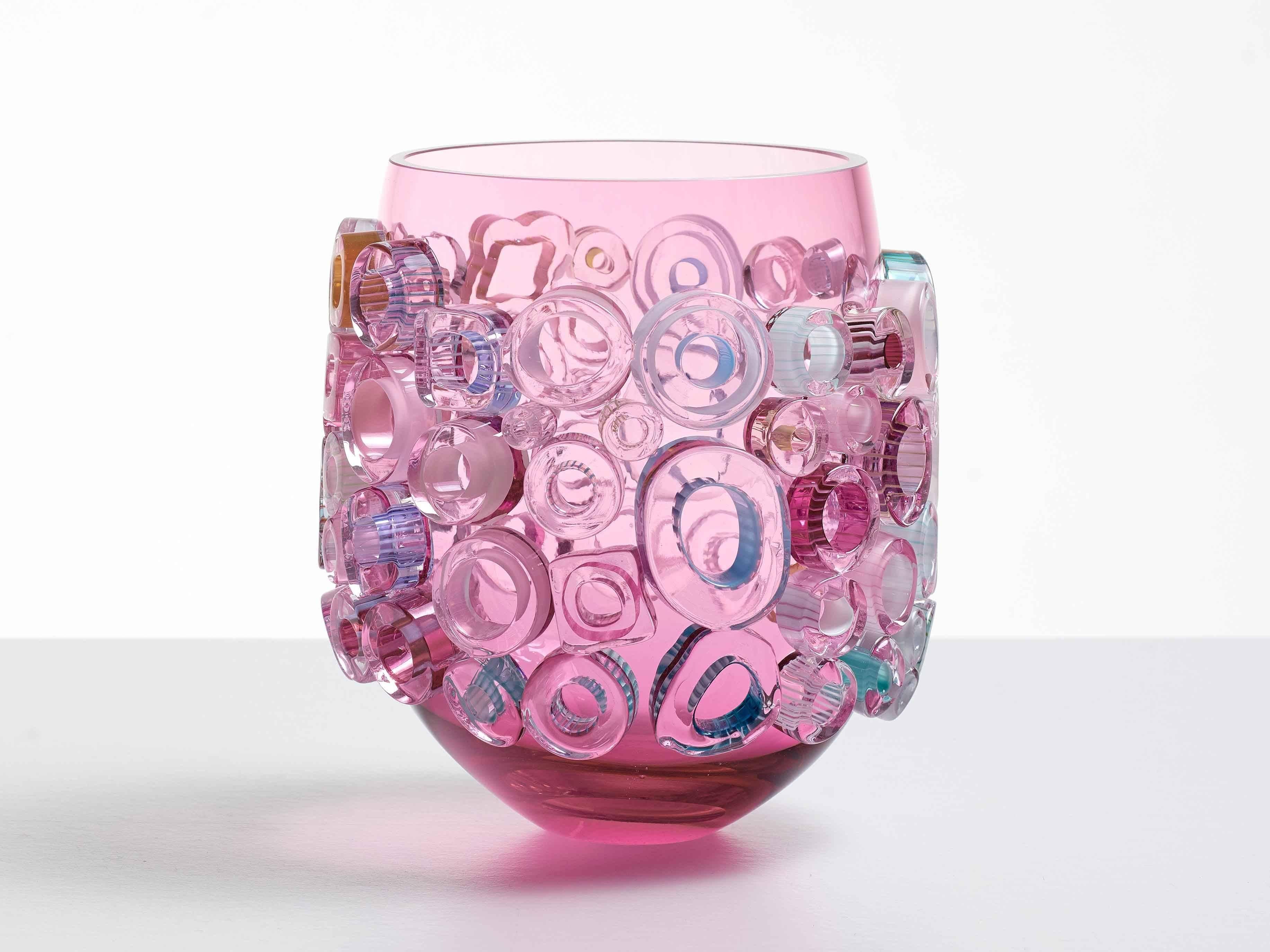 Sabine Lintzen Figurative Sculpture - Blown glass vessel. Murano style glass vase. Pink sculptural vase. Dutch artist.