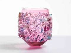 Blown glass vessel. Murano style glass vase. Pink sculptural vase. Dutch artist.