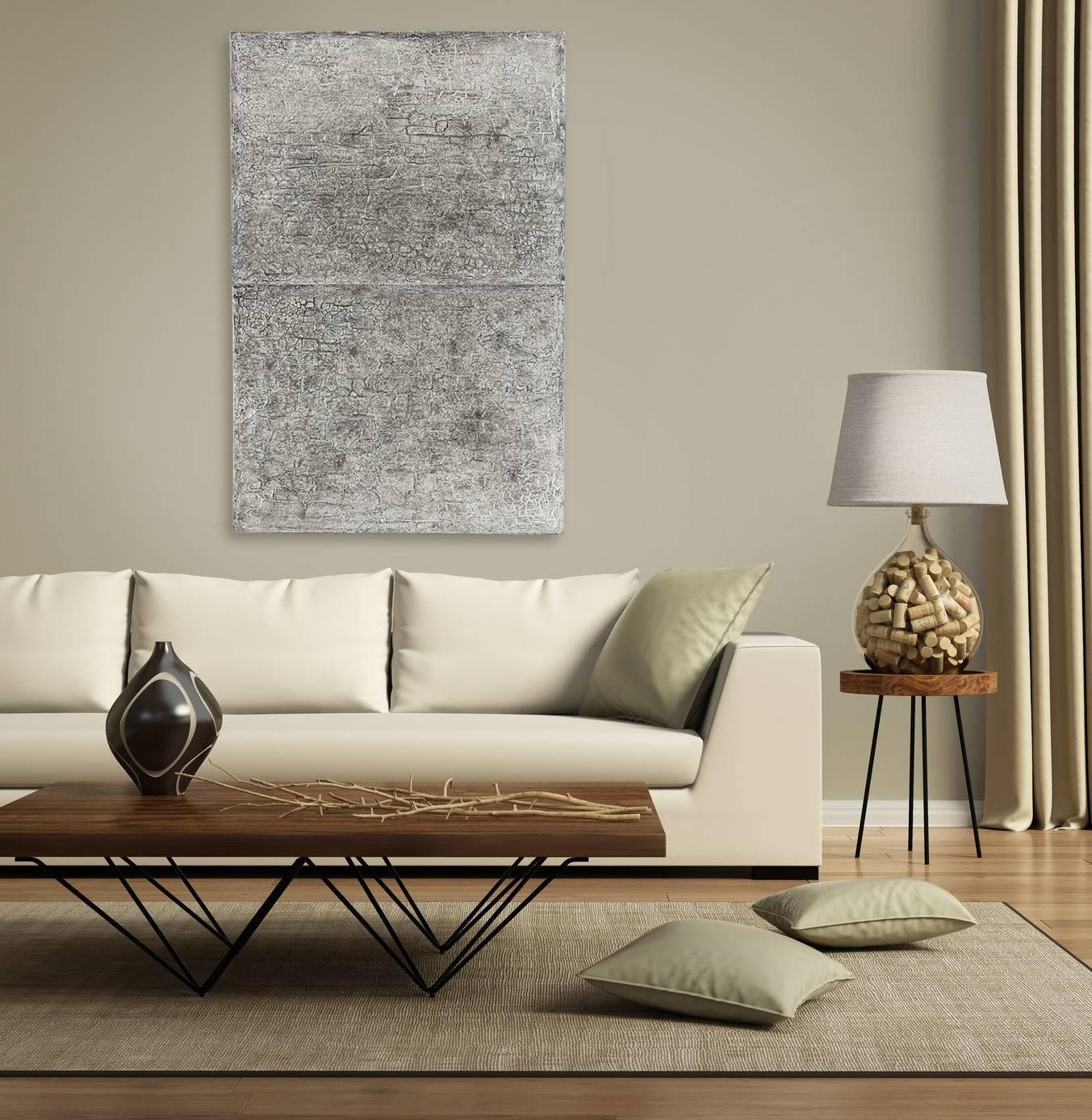 Abstract painting on canvas. Colors silver, grey, black, gold, jade. - Painting by Lode Laperre