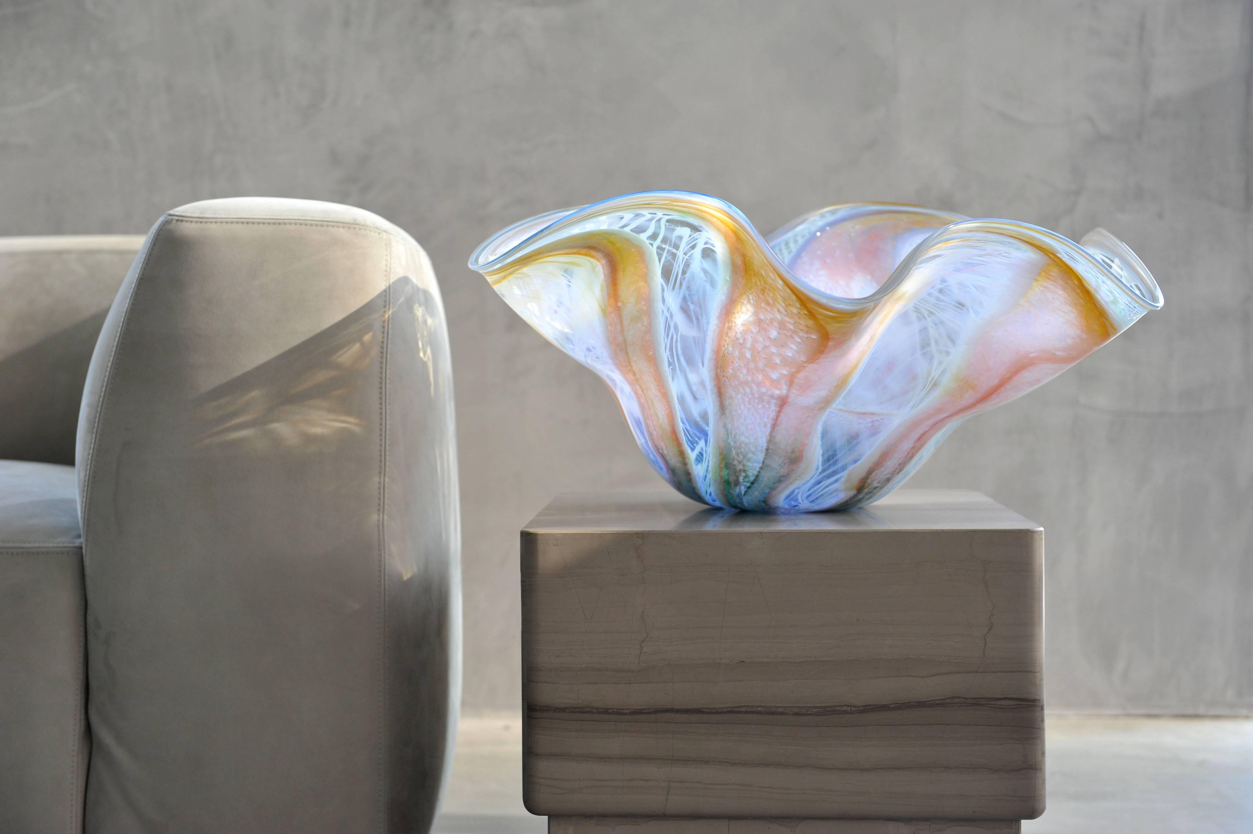 Blown Glass Decorative Bowl. Murano glass style colors in blue, pink, white. - Modern Sculpture by Richard Price