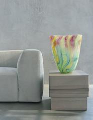 Large fan shaped blown glass vase. Murano glass style colors yellow, green, red